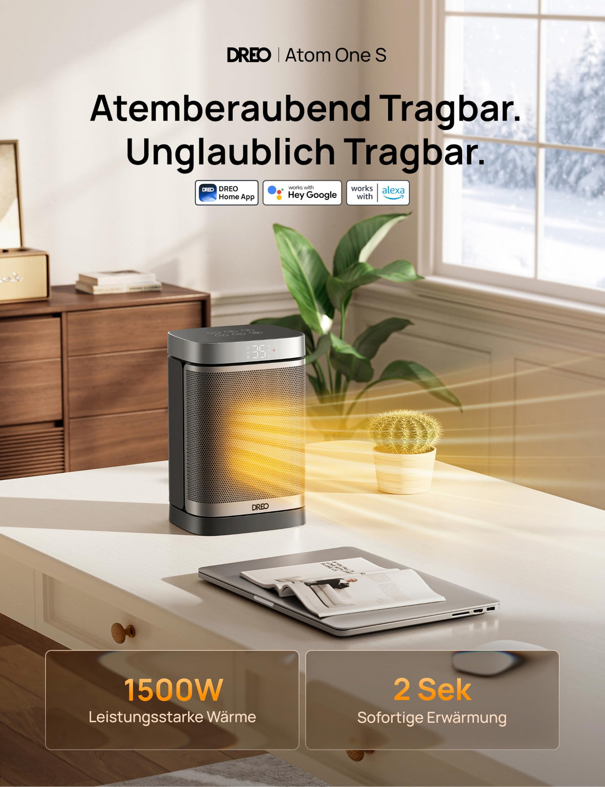Heizlüfter Energiesparend Klein, 1500W Heizung Elektrisch mit Thermostat, 70° Oszillierend Elektroheizung, PTC Keramik Heizlüfter Leise, ECO-Modus, 12-Std-Timer, Überhitzungs- & Kippschutz