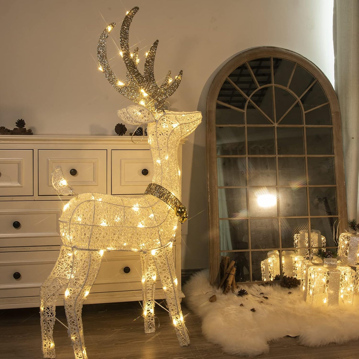 LED Rentier Metall Gold Weiß Eisen Rahmen Beleuchtet Weihnachtshirsch warm weiß Weihnachten Deko für Innen Aussen