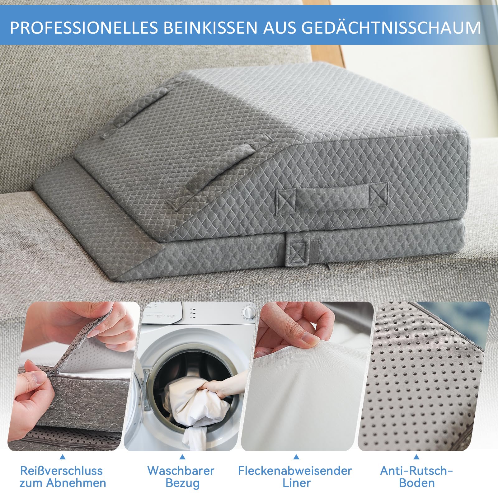 Höhenverstellbare Venenkissen Beinhochlagerungskissen Einsatz Post-Op./Verletz./Ruhe, Beinkissen aus Memoryschaum mit 3 Griffen und Einsetzbarem Polstereinsatz, Waschb. Samtbez