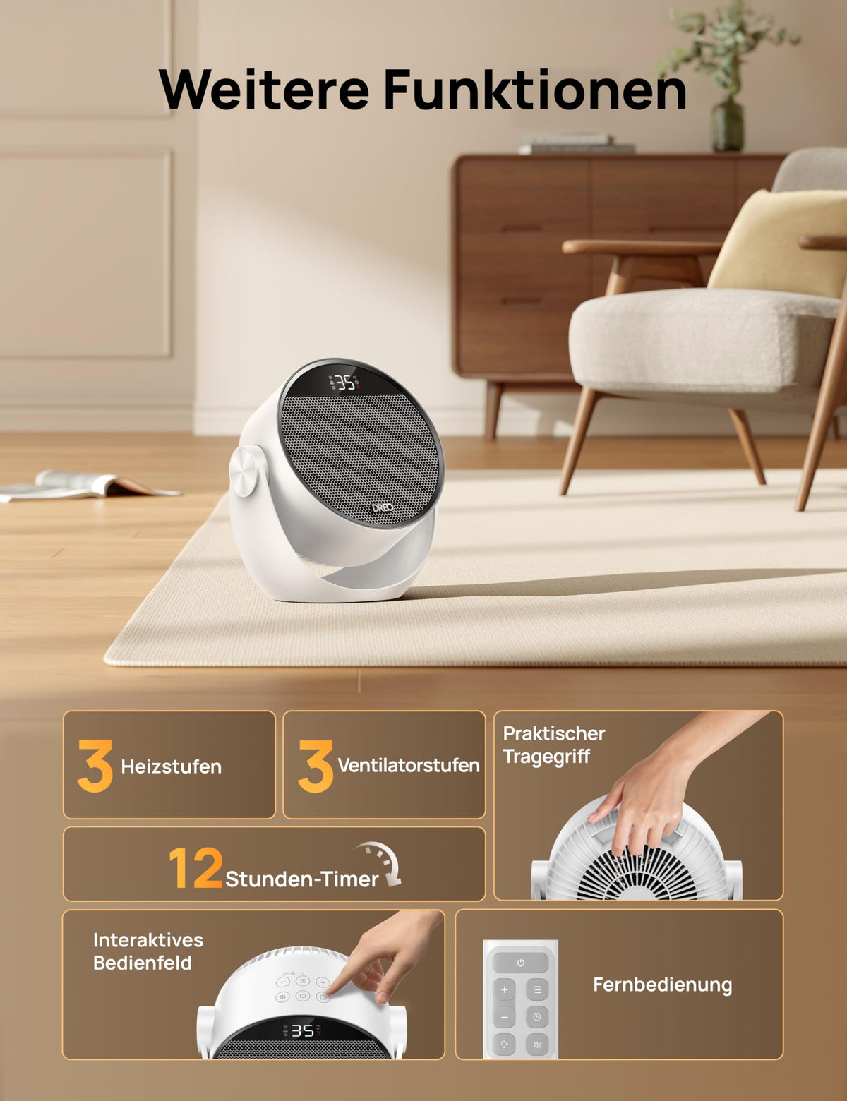 Heizlüfter Energiesparend Klein, Leiser 1500W Tragbar Heizlüfter mit Fernbedienung, Thermostat, 60° Neigbar, 8 Sicherheitsfunktionen, PTC-Keramik,12-Std-Timer, 3 Modus 3 Geschwindigkeit, Schwarz