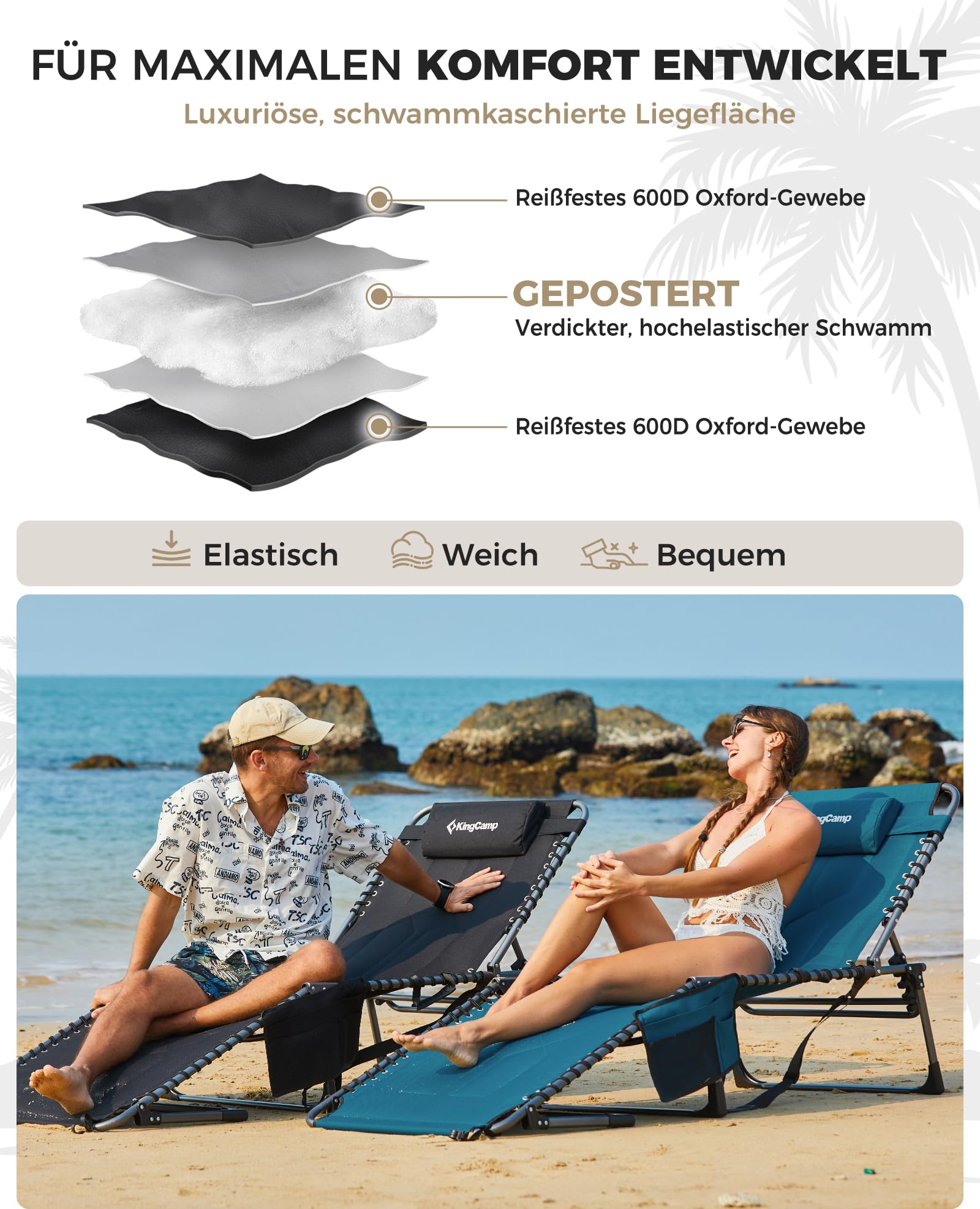 Sonnenliege Klappbar 5-Verstellbare, bis 180 kg, 2er Set, Blau | Gartenliege Klappbar, mit Kopfstütze & Seitentasche, Sonnenliege Wetterfest, Strandliege für Garten Terrasse Pool Camping