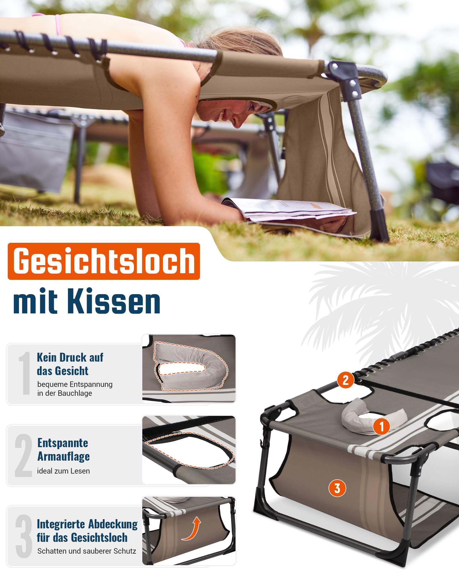 Sonnenliege Klappbar 5-Verstellbare, bis 180 kg, 2er Set, Blau | Gartenliege Klappbar, mit Kopfstütze & Seitentasche, Sonnenliege Wetterfest, Strandliege für Garten Terrasse Pool Camping