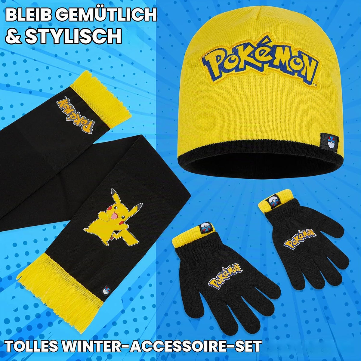 Pokemon Mütze, Schal & Handschuhe Jungen 4-12 Jahre, 3 Stück Warme Kinder Winter Set für kalte Tage, Anime Geschenke für Jungen