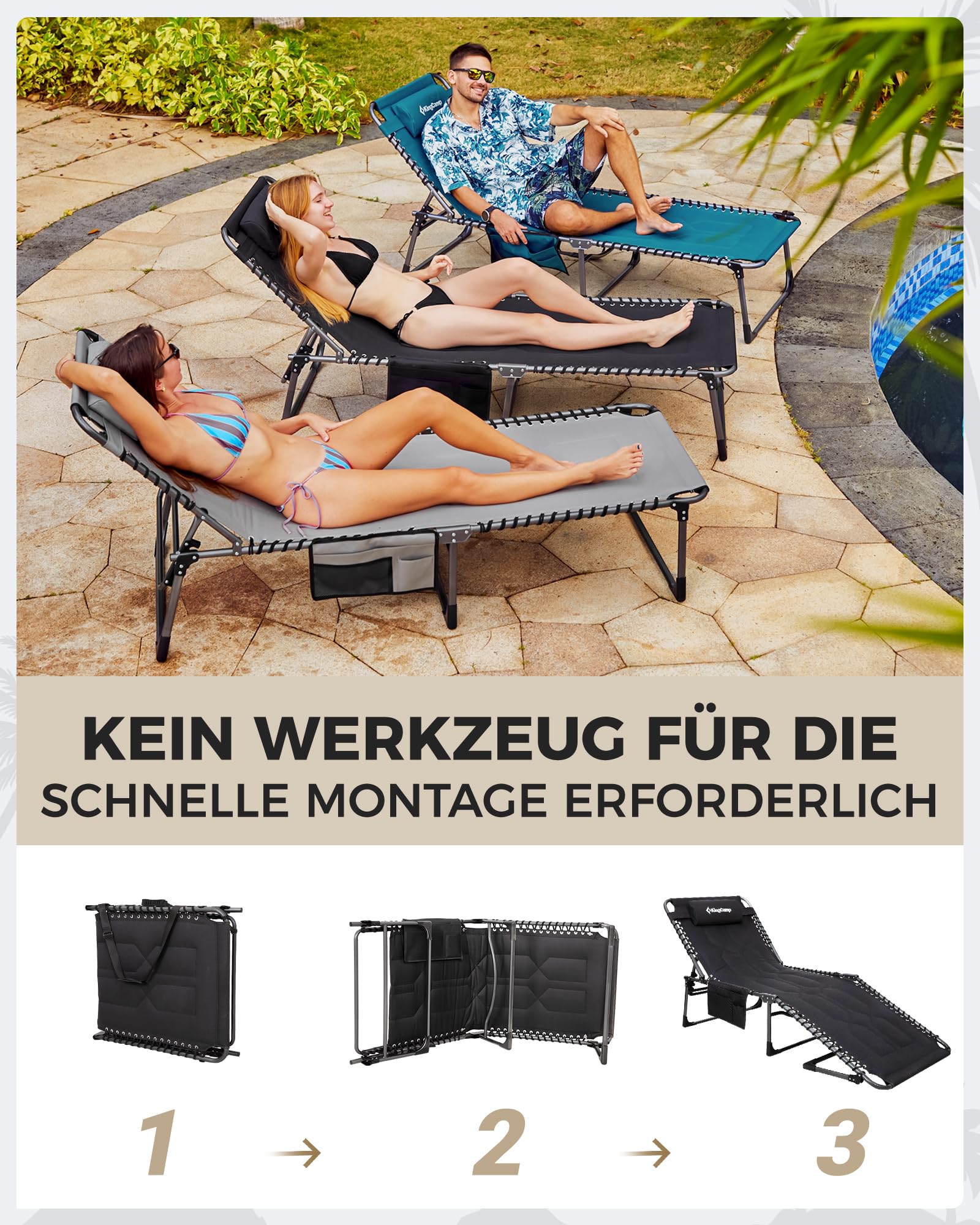 Sonnenliege Klappbar 5-Verstellbare, bis 180 kg, 2er Set, Blau | Gartenliege Klappbar, mit Kopfstütze & Seitentasche, Sonnenliege Wetterfest, Strandliege für Garten Terrasse Pool Camping