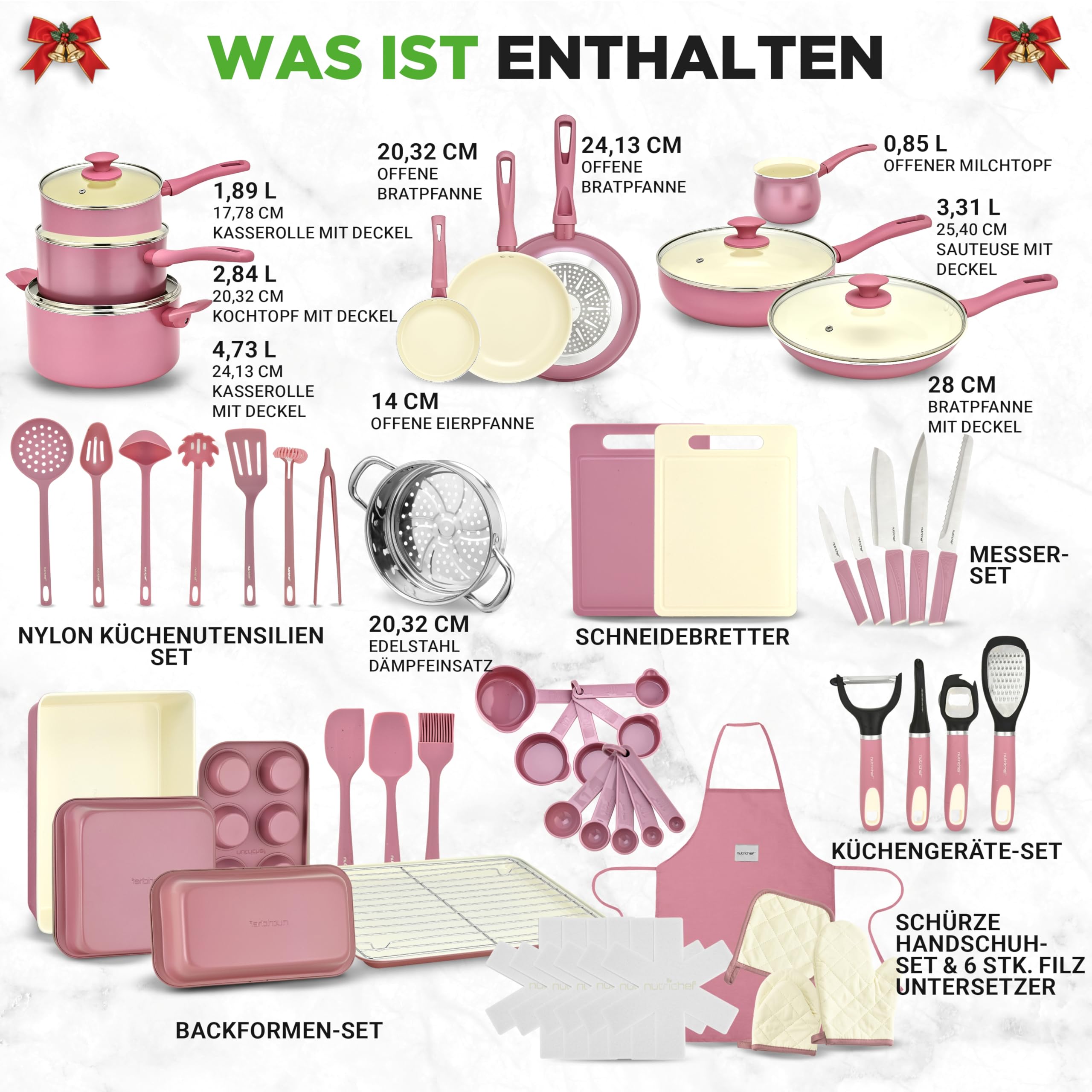 Topfset & Pfannenset - 54-teiliges Non-Stick-Kochgeschirr - Enthält Küchenutensilien, Backschale, Messer / Für Induktion, Gas & Elektrisch / Gesundes & Fettfreies Kochen