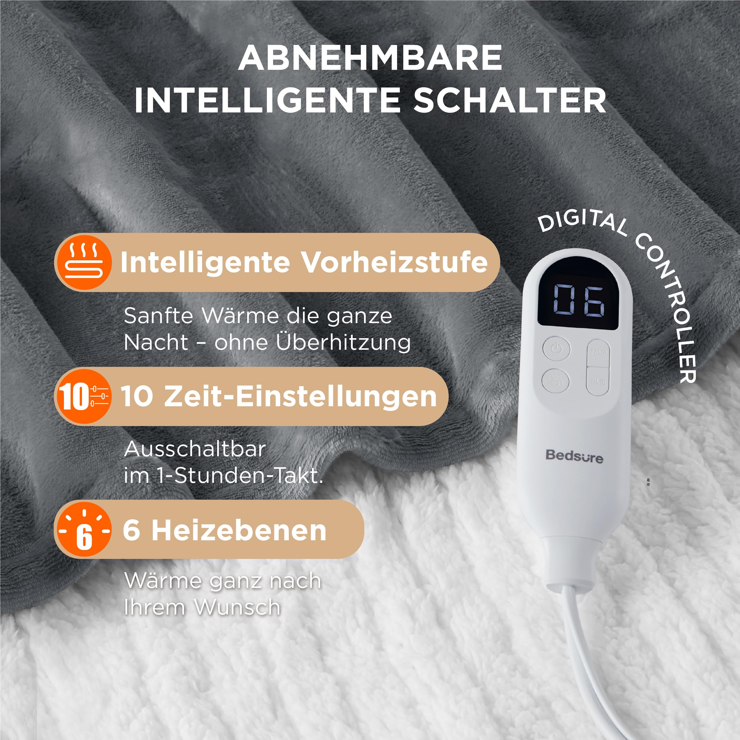 Elektrische Decke mit automatischem Abschalten - Wärmedecke mit 6 Wärmeeinstellungen und 10-Stunden-Timer, bis zu 8 Stunden Überhitzungsschutz, elektrische Kuscheldecke für Zuhause und Büro, 130 x 180 cm