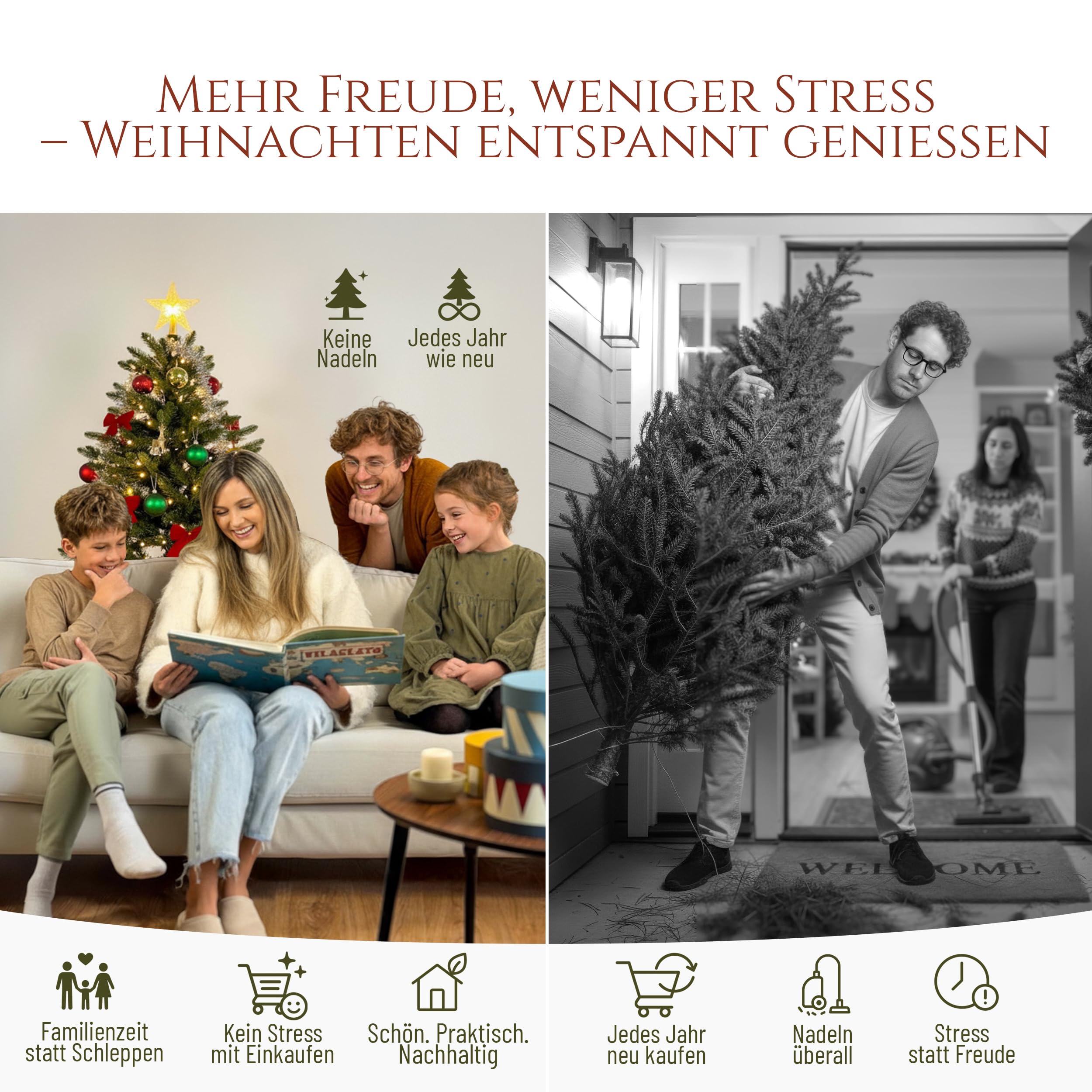 Künstlicher Weihnachtsbaum - Lebensähnlich, besonders dichte Äste, einfache Montage, Made in EU - Premium-Weihnachtsbaum mit Holzständer, Aufbewahrungstasche - Eleganter Nordmann Tannenbaum / Varianten Auswahl - Restposten Neu & OVP!