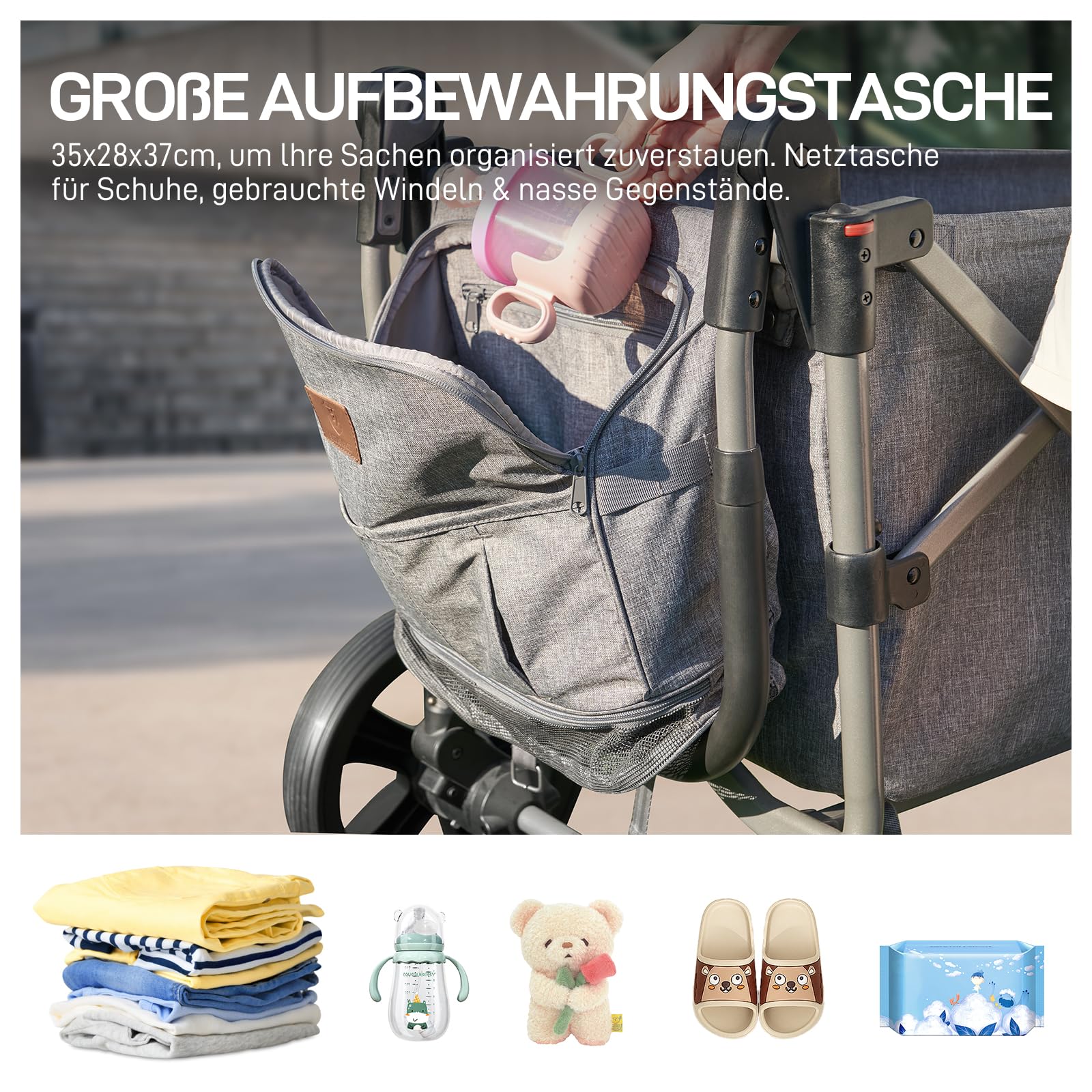 Bollerwagen für 2 Kinder Faltbar mit Dach, Kinderwagen 2x5 Punkt Sicherheitsgurt mit Wickelrucksack, Bollerwagen mit Sitz, Handwagen Transportwagen, Ziehen & Schieben, Fußbremse
