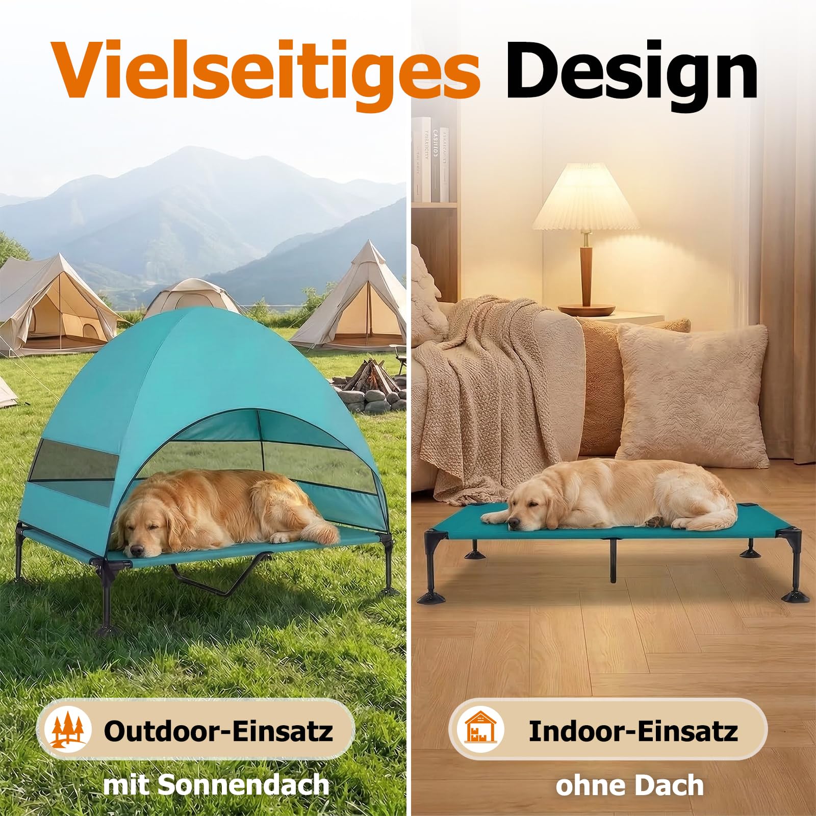 Erhöhtes Hundebett Outdoor mit UV-beständiges Dach，Hundeliege Klappbar mit Anti-Rutsch-Füßen, Hundezelt Outdoor mit Großem Schatten, Kühlendes ErhöHtes Hunde Bett für Camping, Garten & Pool (Grau, L)