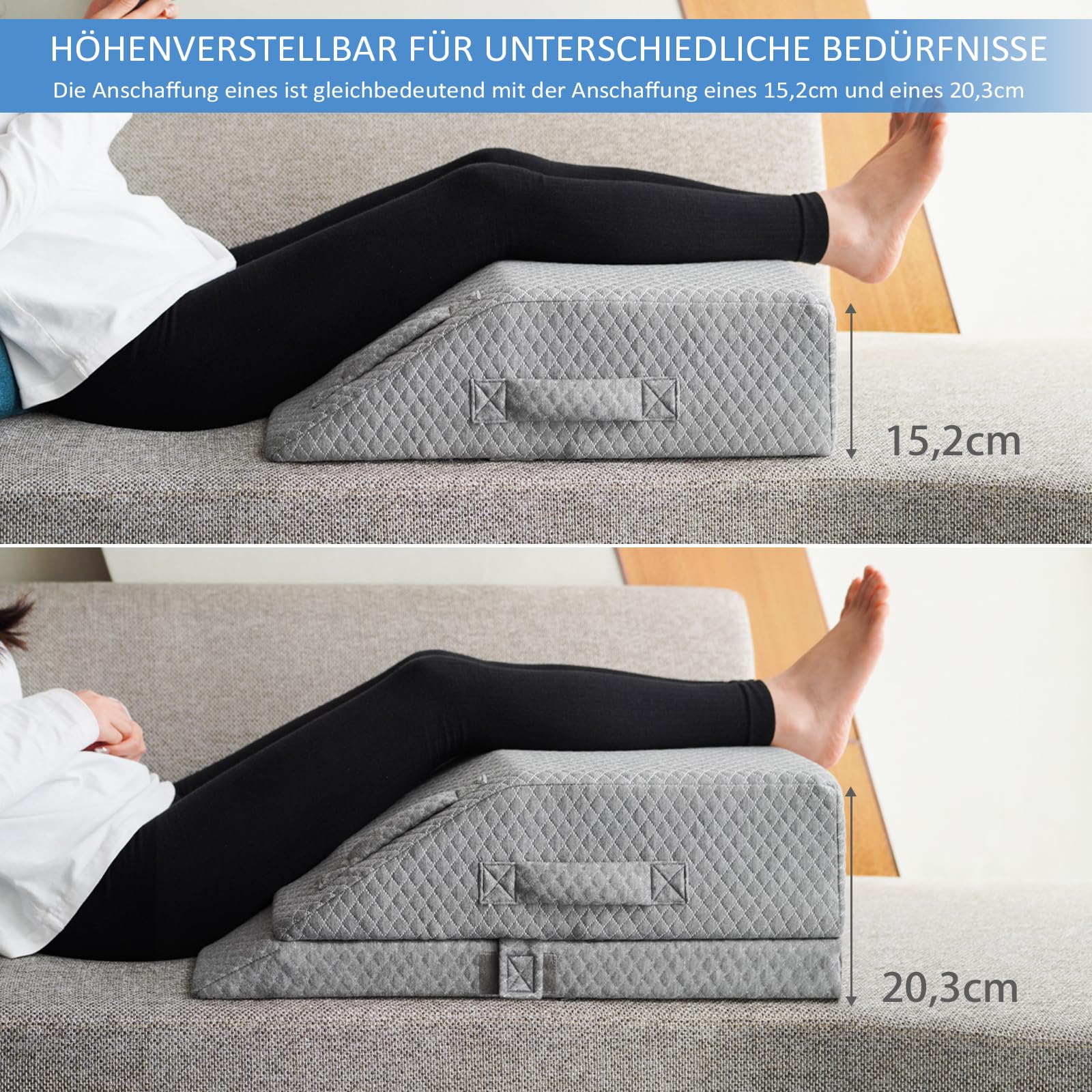 Höhenverstellbare Venenkissen Beinhochlagerungskissen Einsatz Post-Op./Verletz./Ruhe, Beinkissen aus Memoryschaum mit 3 Griffen und Einsetzbarem Polstereinsatz, Waschb. Samtbez