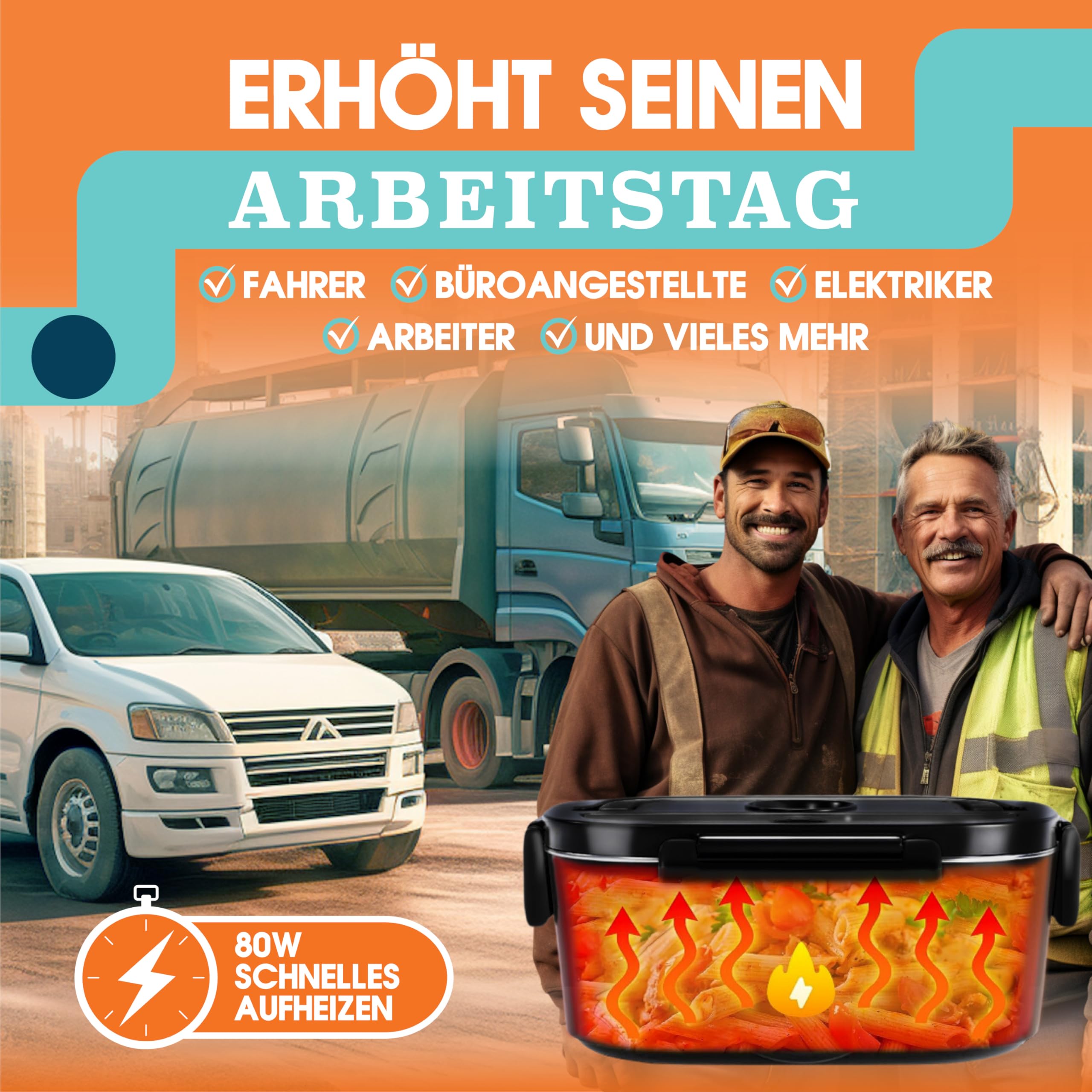 Elektrische Lunchbox 80W Selbsterhitzende Dosen, 1,5L Heat Box 3-in-1 Electric Lunch Box, Essen Aufwärmen Unterwegs 12V/24V/220V, für Arbeit Auto Lkw Lunchbox Elektrisch, Thermal Lunch Box