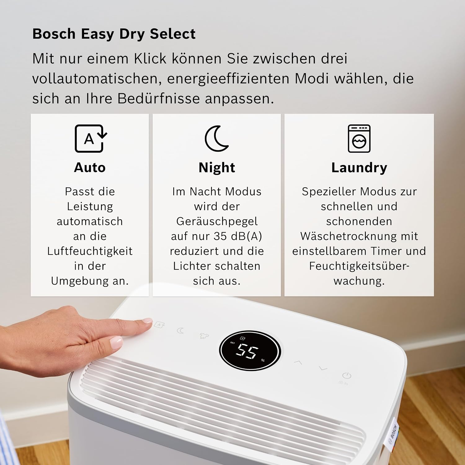 Bosch Dry, Luftentfeuchter, Für Räume bis zu 33 m² | Einfach, Effizient, Leise, Ideal für Deine Wohnung & die schnelle Trocknung Deiner Wäsche