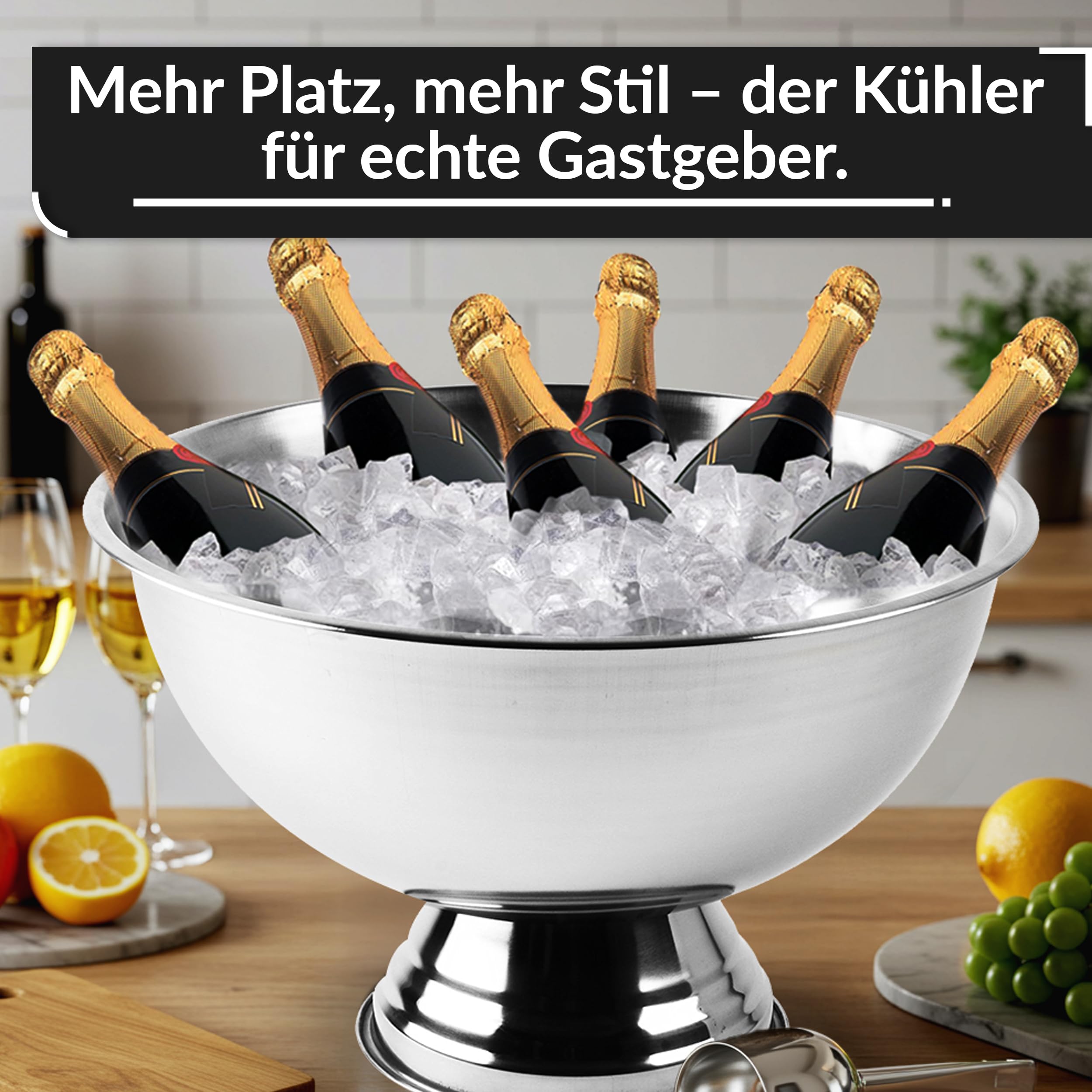 Design Sektkühler aus Edelstahl Ø40 cm Champagnerschale für bis zu 6 Flaschen – Flaschenkühler für den edlen Genuss von Champagner, Sekt, Wein, Spirituosen, Bier (40, Silber poliert)