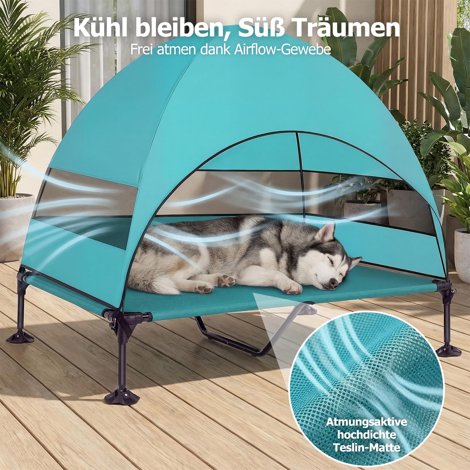 Erhöhtes Hundebett Outdoor mit UV-beständiges Dach，Hundeliege Klappbar mit Anti-Rutsch-Füßen, Hundezelt Outdoor mit Großem Schatten, Kühlendes ErhöHtes Hunde Bett für Camping, Garten & Pool (Grau, L)