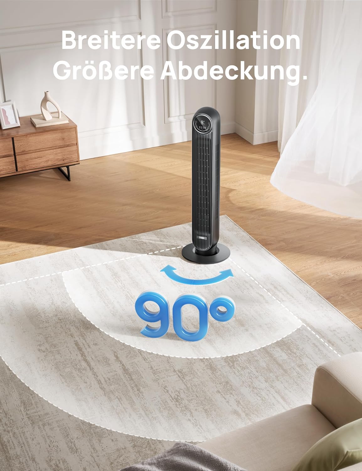 Leiser Turmventilator, 10 m Wurfweite 8 Geschwindigstufen 4 Modi 8 Std. Timer 90° oszillierende Ventilator mit Kühlung Fernbedienung für Schlafzimmer,Turmventilator 307, Schwarz