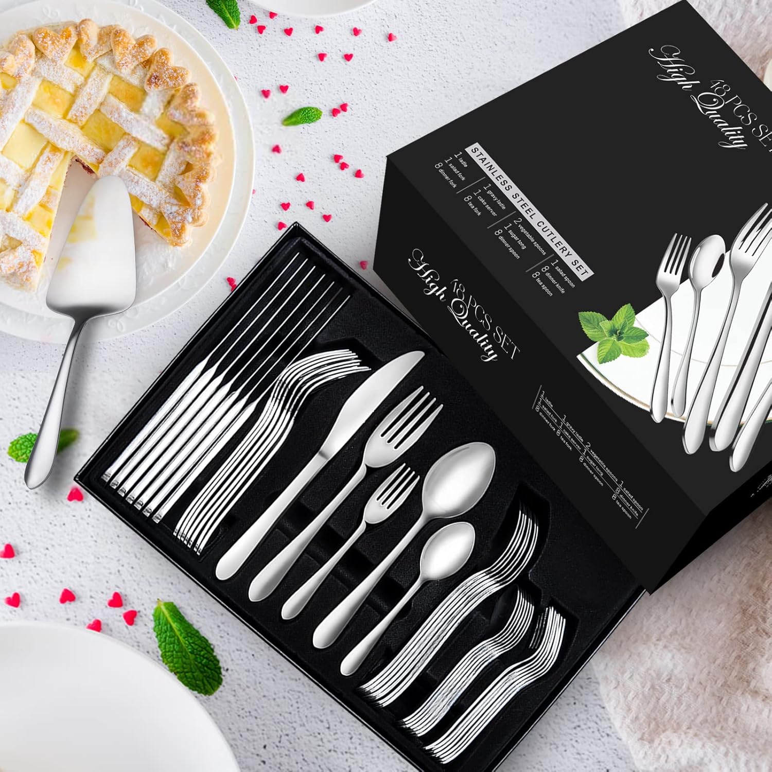 48-teiliges Besteckset, Edelstahl Besteckset für 8 Personen mit Besteck-Servierset 10-teilig bestehend aus Messer, Gabel, Löffel, Besteckheber, Edelstahl poliert, glänzend, Spülmaschine