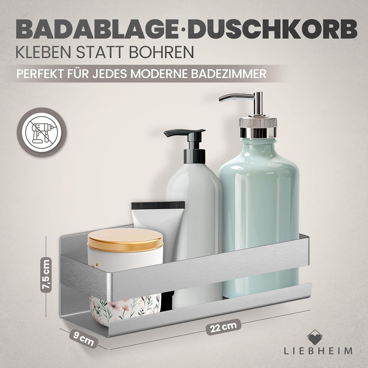 Duschablage Ohne Bohren - Badregal - Duschkorb - Bad Organizer | Massiv - silber gebürstet - 22 cm x 9 cm - 2 Klebevarianten für Nass- und Trockenbereich