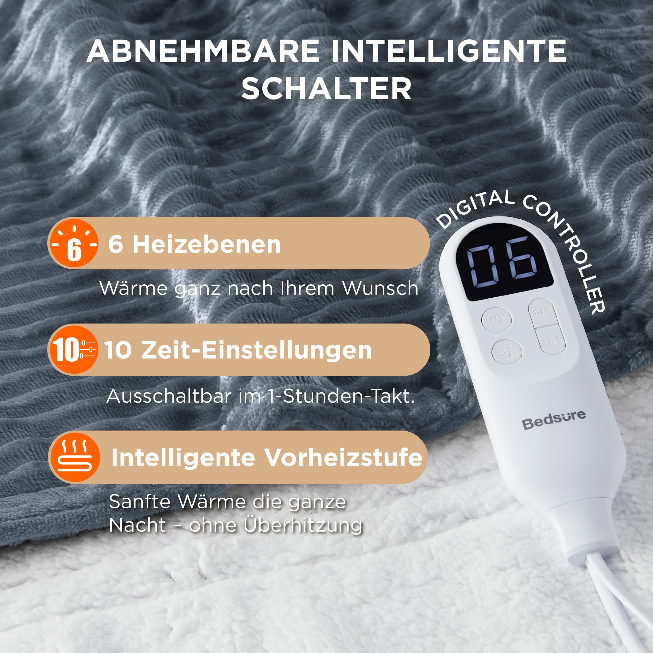 Elektrische Decke mit automatischem Abschalten - Wärmedecke mit 6 Wärmeeinstellungen und 10-Stunden-Timer, bis zu 8 Stunden Überhitzungsschutz, elektrische Kuscheldecke für Zuhause und Büro, 130 x 180 cm