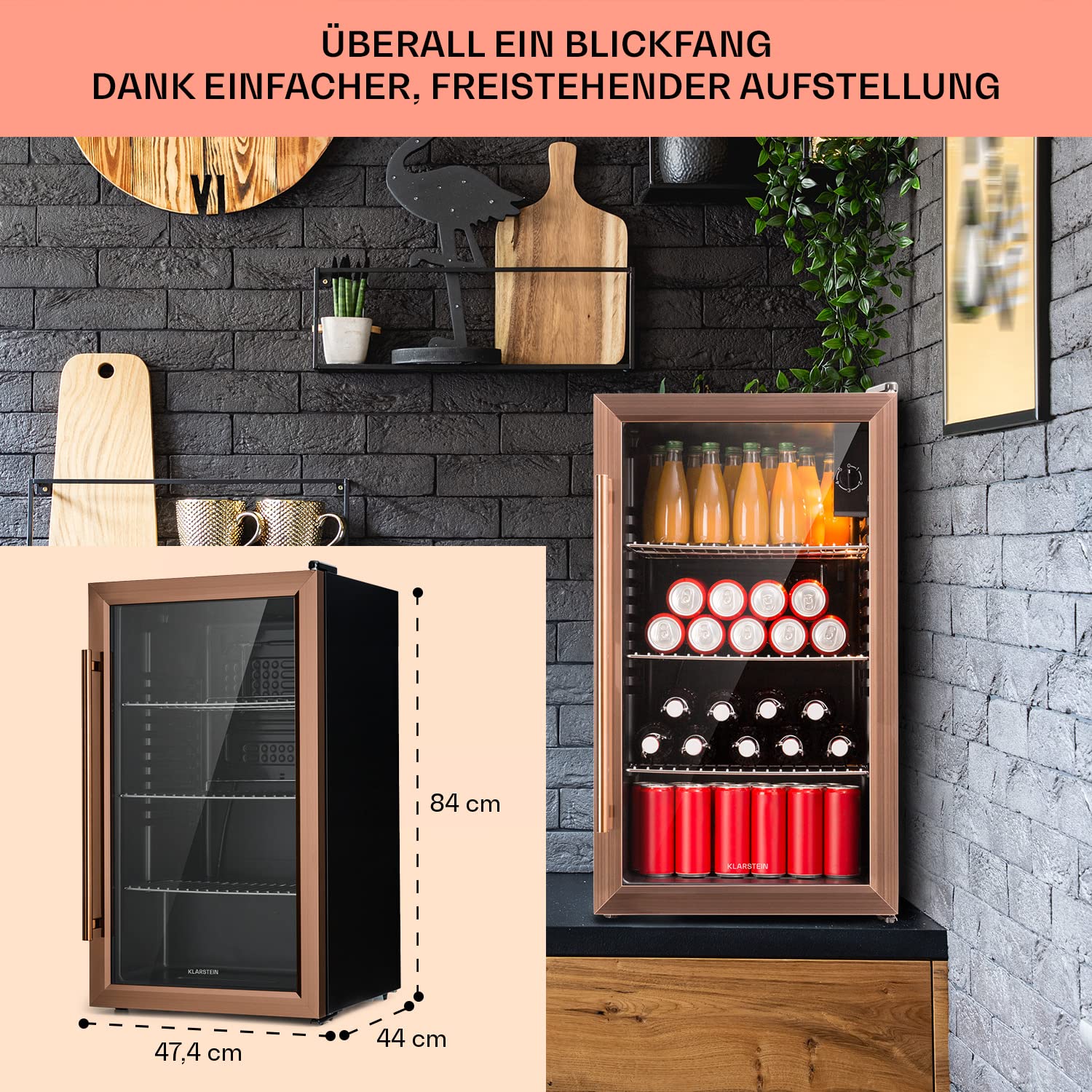 Beersafe Getränkekühlschrank 60 L – Mini Kühlschrank mit Glastür, Kupfer | LED-Beleuchtung, herausnehmbare Metallablagen, leise, Flaschenkühlschrank für Getränke & Dosen