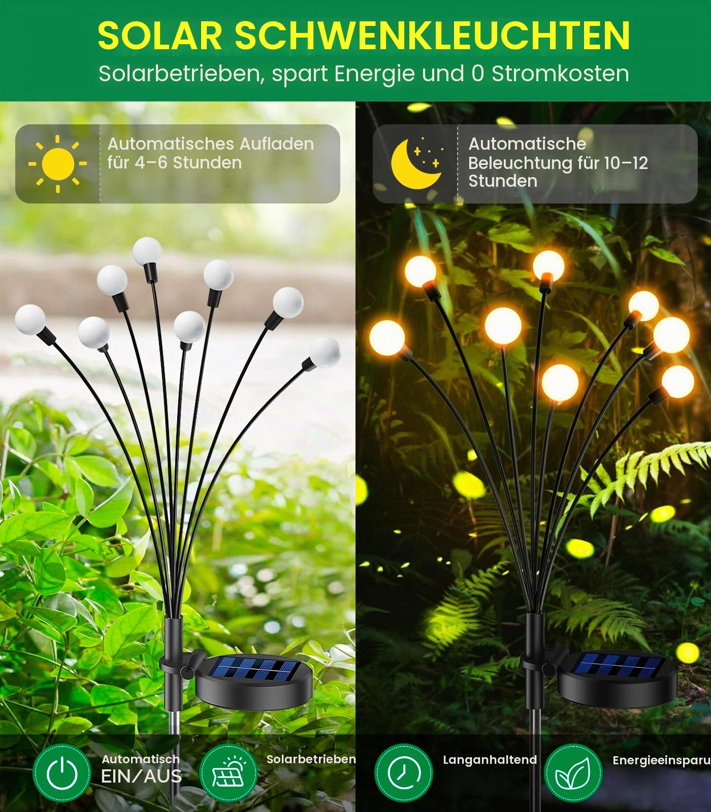 Solarlampen für Außen Garten 4 Stück, 32LED Superhelle 2 Lichtmodi Glühwürmchen Solarleuchten für Außen mit Warmweißem Licht IP65 Wasserdicht Schwingende Garten-Deko für Pathway Yard