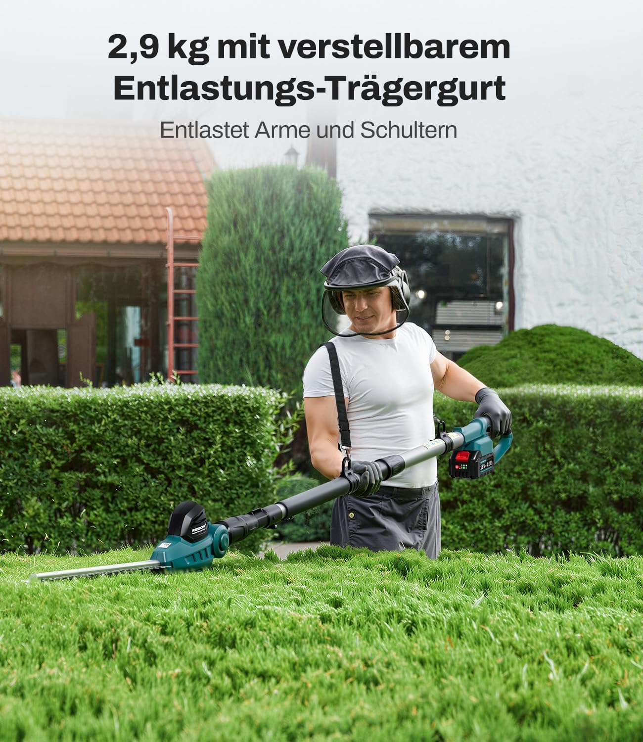 Akku Teleskop-Heckenschere kompatibel mit Makita 18V-Akkus, Schnittbreite 41 cm, Zinkenabstand 16 mm, Höhe bis 262 cm, 11-Fach winkelverstellbarer Schneidkopf