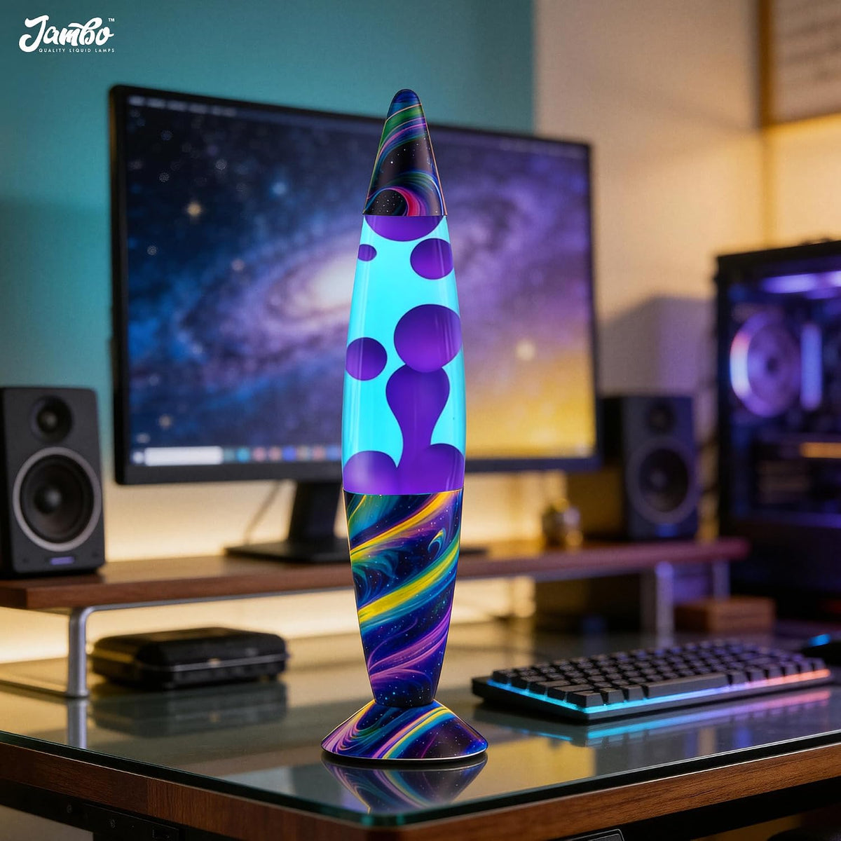 Jambo 16" Wunderschöne Lampe – Blaugrün mit violettem Wachs – Neon-Dämmerung, entspannendes flüssiges Licht, Nachtlicht, Heimdekoration, Wohnzimmer, Büro, Schlafzimmer, Teenager, Kinder, Magma Motion