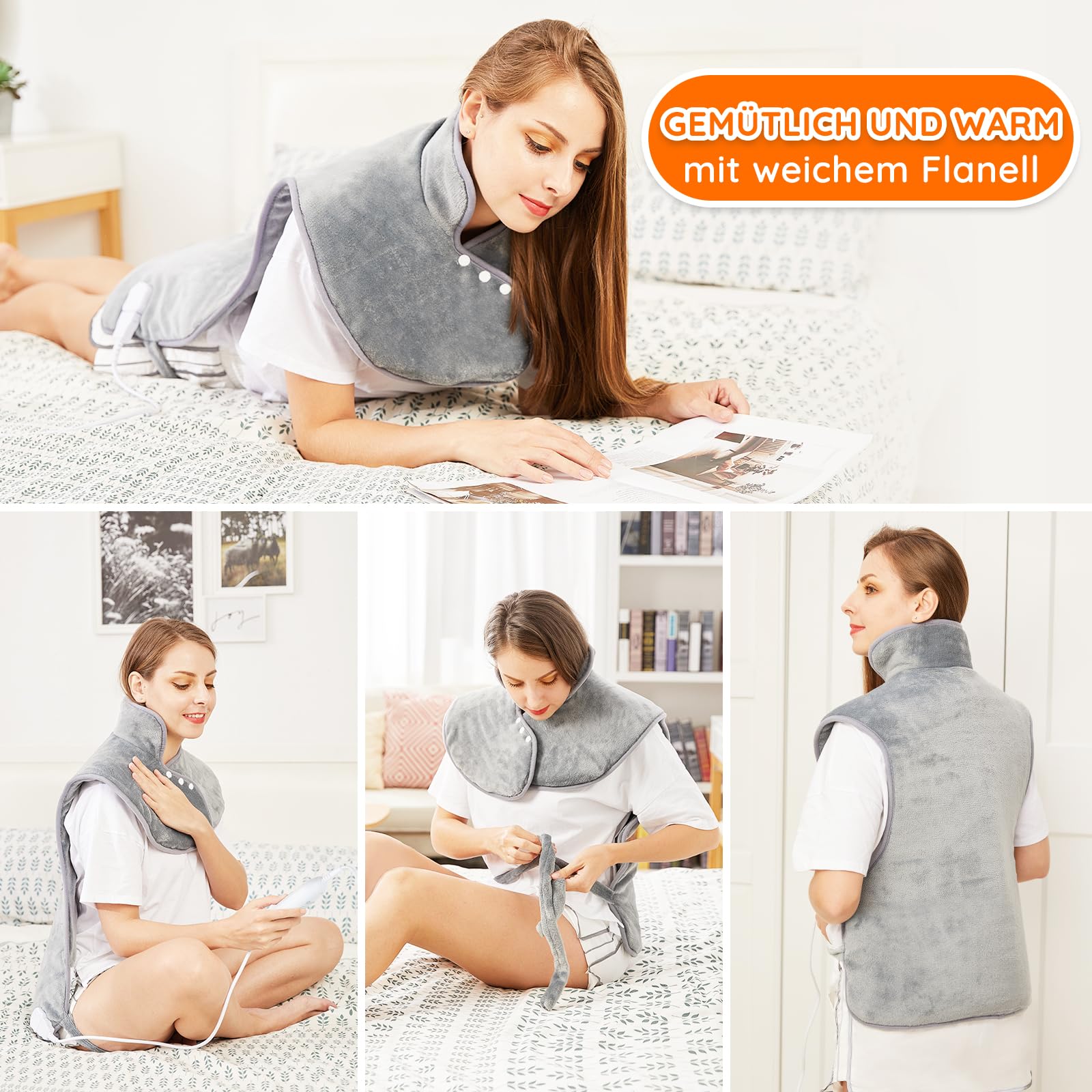 Heizkissen für Rücken, Schulter, Hals, 60 x 100 cm, Wärmekissen mit automatischer Abschaltung, Schnellerwärmung, mit Taillette, Rückenwärmer, elektrische Decke, 6 Wärmeeinstellungen, Auto-Off-Timer, Flanell