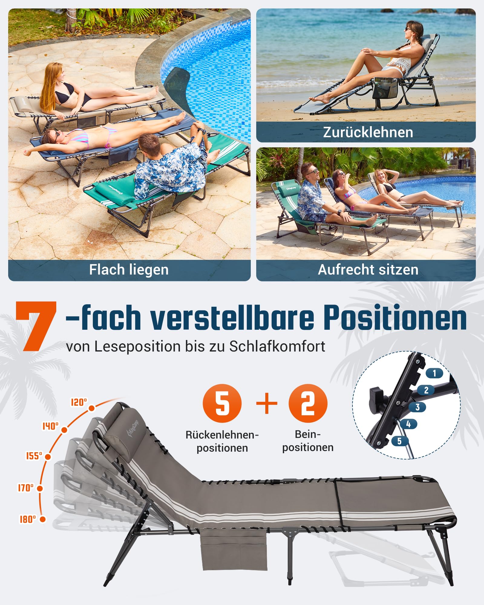 Sonnenliege Klappbar 5-Verstellbare, bis 180 kg, 2er Set, Blau | Gartenliege Klappbar, mit Kopfstütze & Seitentasche, Sonnenliege Wetterfest, Strandliege für Garten Terrasse Pool Camping