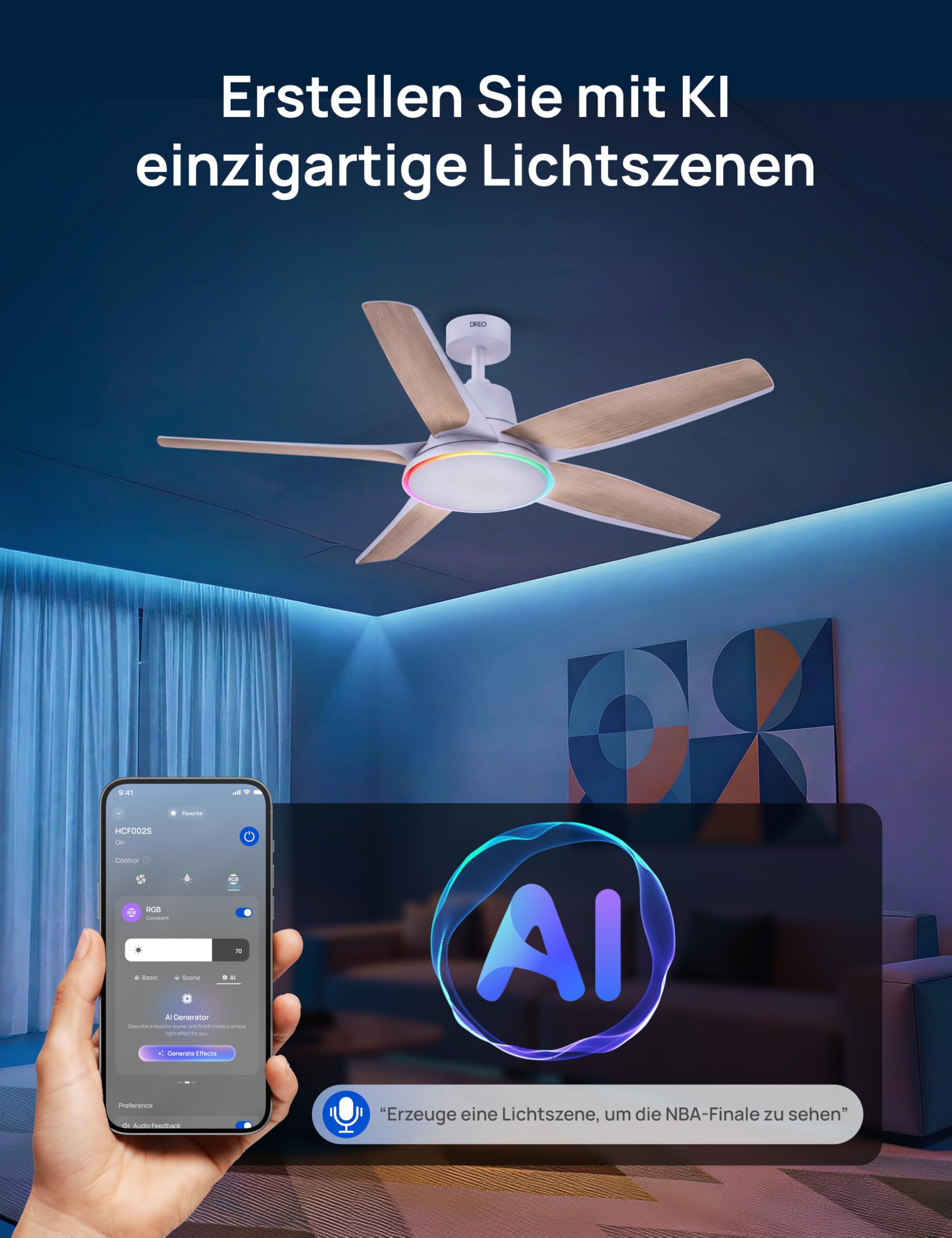 Smarter Low-Profile-Deckenventilator mit Licht, 132 cm, dimmbare LED mit einstellbarer Farbtemperatur, RGB-Ambientlicht, leiser DC-Motor, einfache Montage, App- & Alexa-Steuerung, weiß