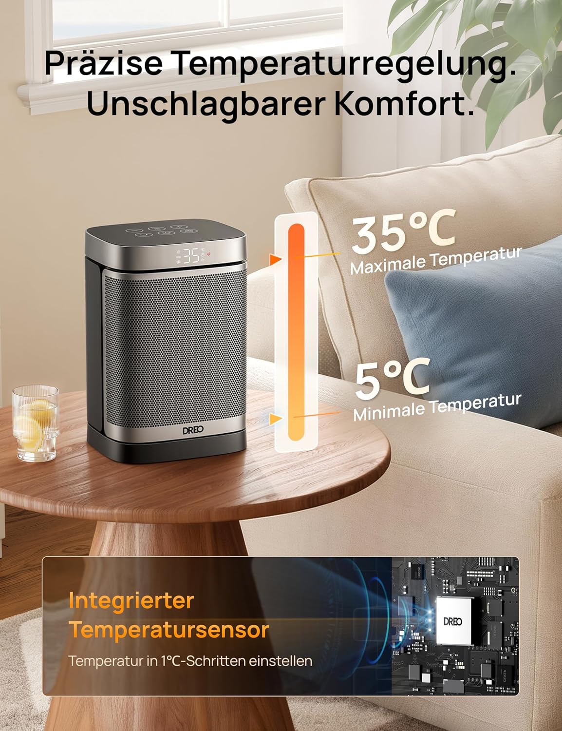 Heizlüfter Energiesparend Klein, 1500W Heizung Elektrisch mit Thermostat, 70° Oszillierend Elektroheizung, PTC Keramik Heizlüfter Leise, ECO-Modus, 12-Std-Timer, Überhitzungs- & Kippschutz