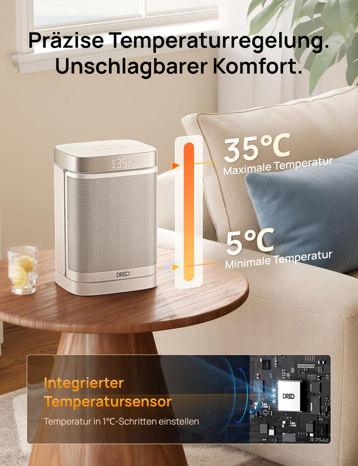 Heizlüfter Energiesparend Klein, 1500W Heizung Elektrisch mit Thermostat, 70° Oszillierend Elektroheizung, PTC Keramik Heizlüfter Leise, ECO-Modus, 12-Std-Timer, Überhitzungs- & Kippschutz