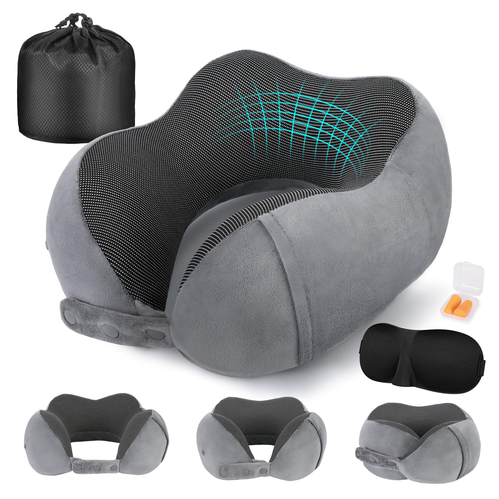 Cirorld Nackenkissen Flugzeug, Nackenhörnchen Erwachsene, Reisekissen Memory Foam, Verstellbares Kompaktes Nackenkissen Reise, Ergonomisches Weich Atmungsaktiv mit Ohrstöpseln, Augenmaske,Tragetasche