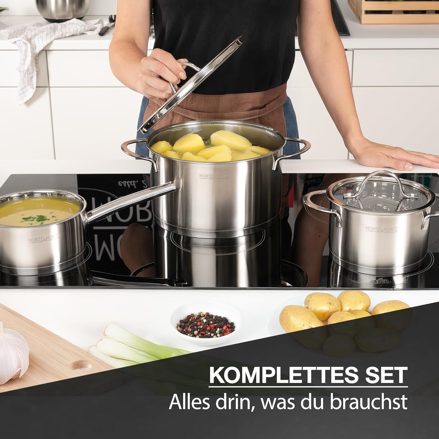 5-teiliges Kochtopfset inklusive 4 Glasdeckel - Edelstahltopf-Einführung & alle Hobs - Stilvolle Töpfe mit Deckel und Kochtopf - Geeignet für Geschirrspüler und Ofen