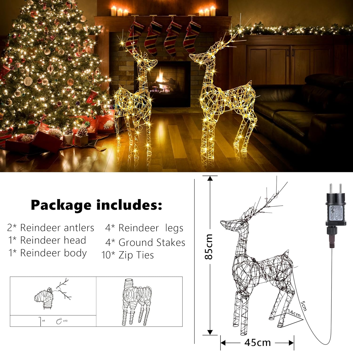LED beleuchtete Außenrentier, 85 cm Rentierfigur, Weihnachtsdekoration, strombetriebene Timer, 8 Modi, warmweiße Metall-Weihnachtsbeleuchtung für draußen/innen, Rasen, Wohnzimmer, Party
