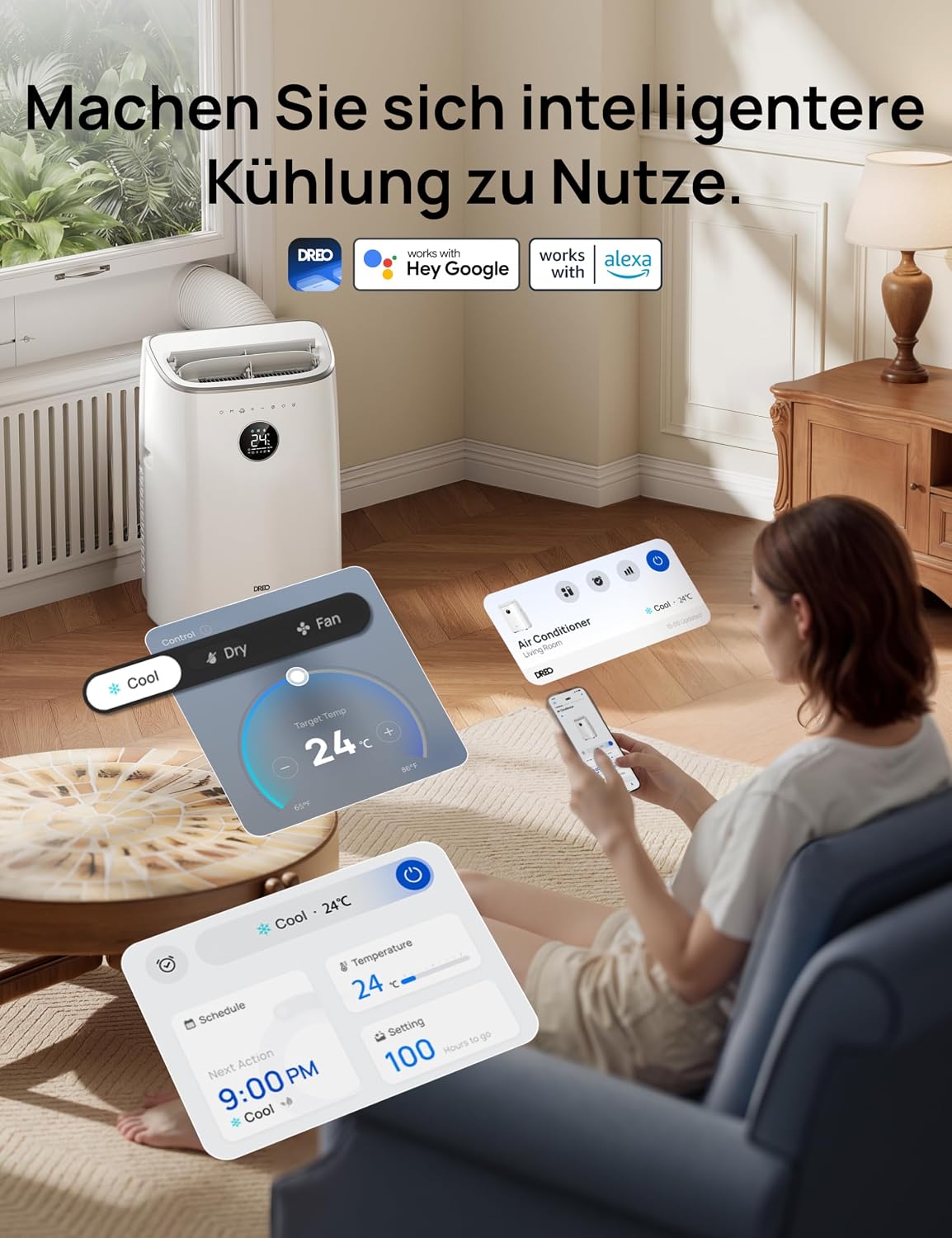 Klimaanlage Mobil, 7.500 BTU Mobiles Klimagerät für Schlafzimmer & Büro, 3-in-1 Kühlen/Ventilieren/Entfeuchten, App- / Sprachsteuerung - Fernbedienung, drainagefrei, Fenster-Set, 2,5 L/h