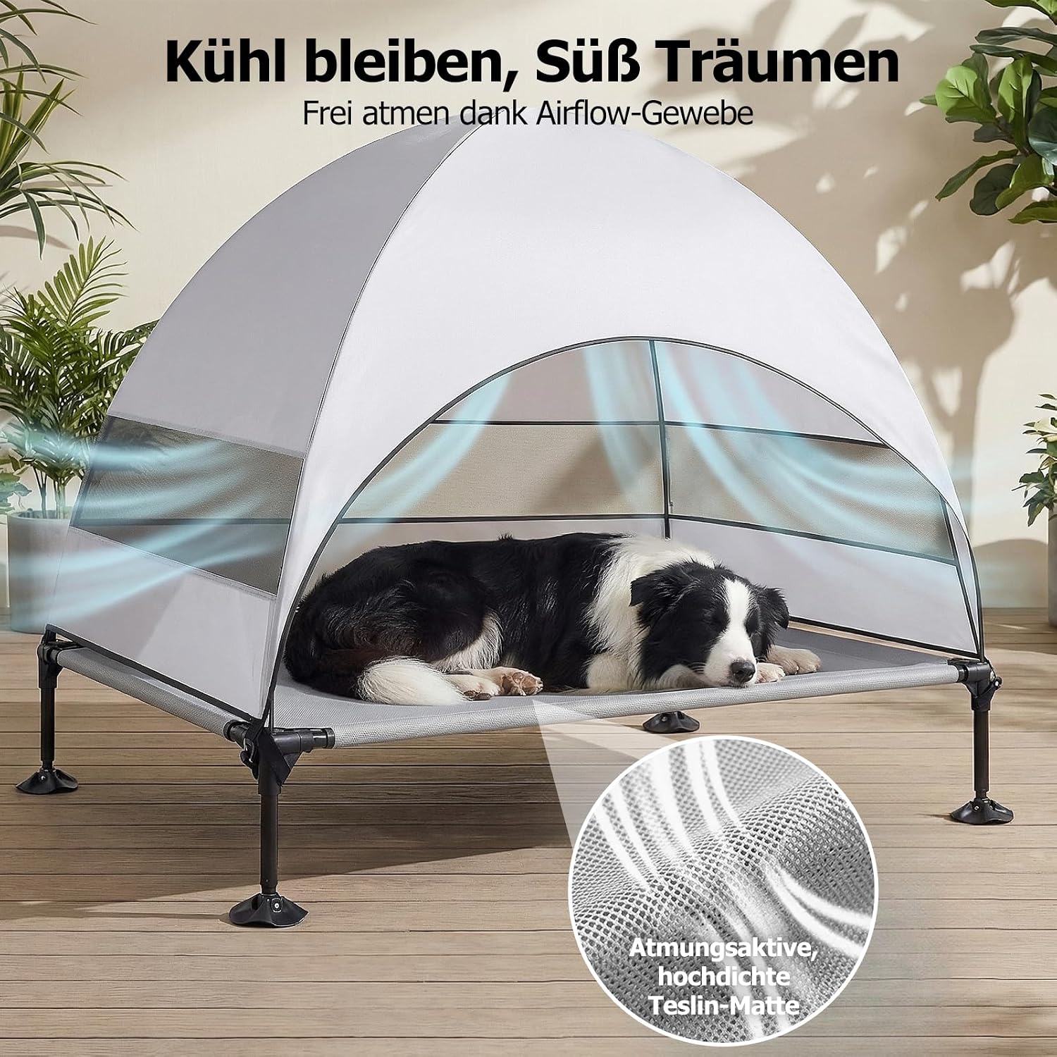 Erhöhtes Hundebett Outdoor mit UV-beständiges Dach，Hundeliege Klappbar mit Anti-Rutsch-Füßen, Hundezelt Outdoor mit Großem Schatten, Kühlendes ErhöHtes Hunde Bett für Camping, Garten & Pool (Grau, L)