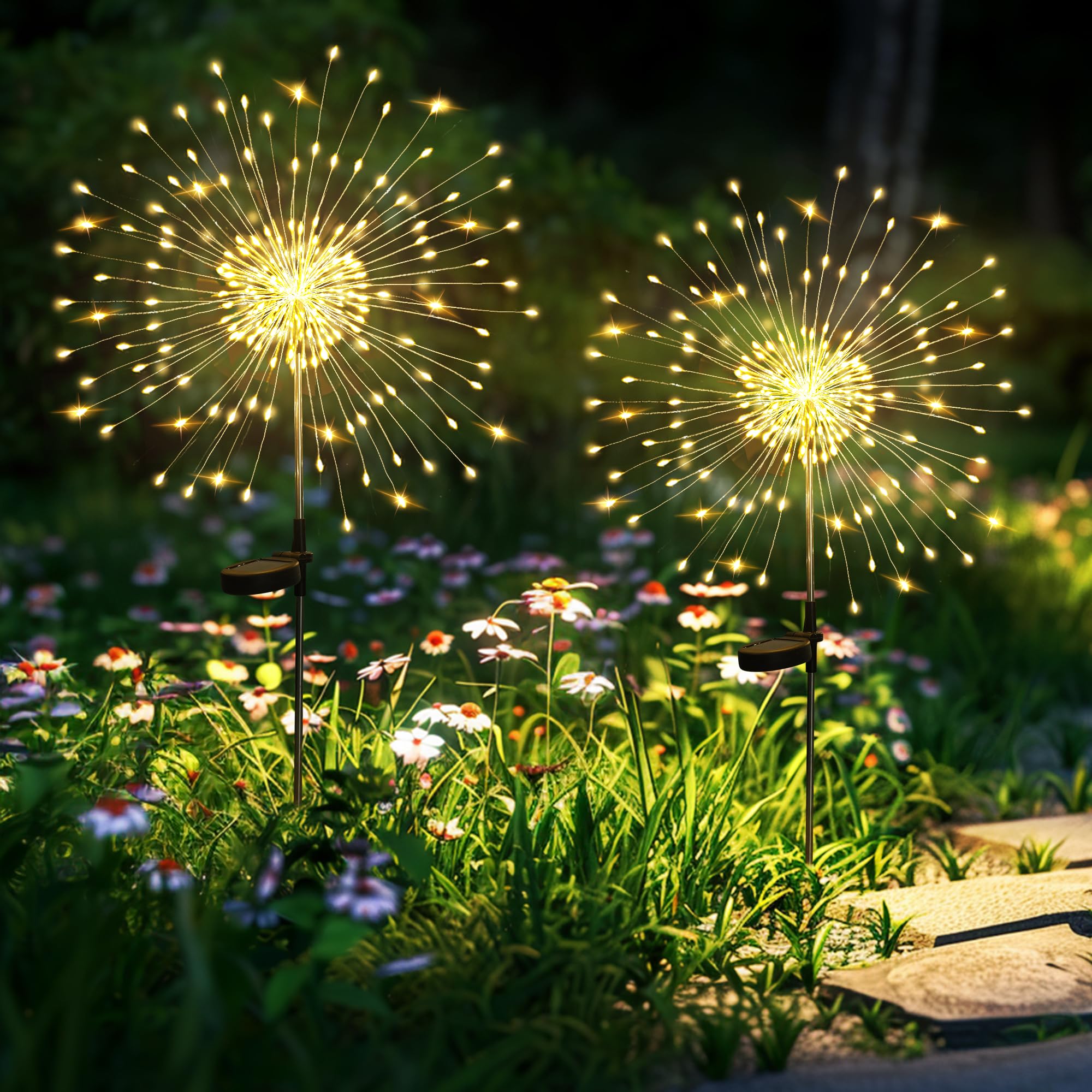 Gartendeko Solarleuchten für Außen,4 Stück 120 LED Feuerwerk Solarleuchten, Wetterfest Pusteblume Solarlampen für Balkon Terrasse Blumenkästen Hof Deko