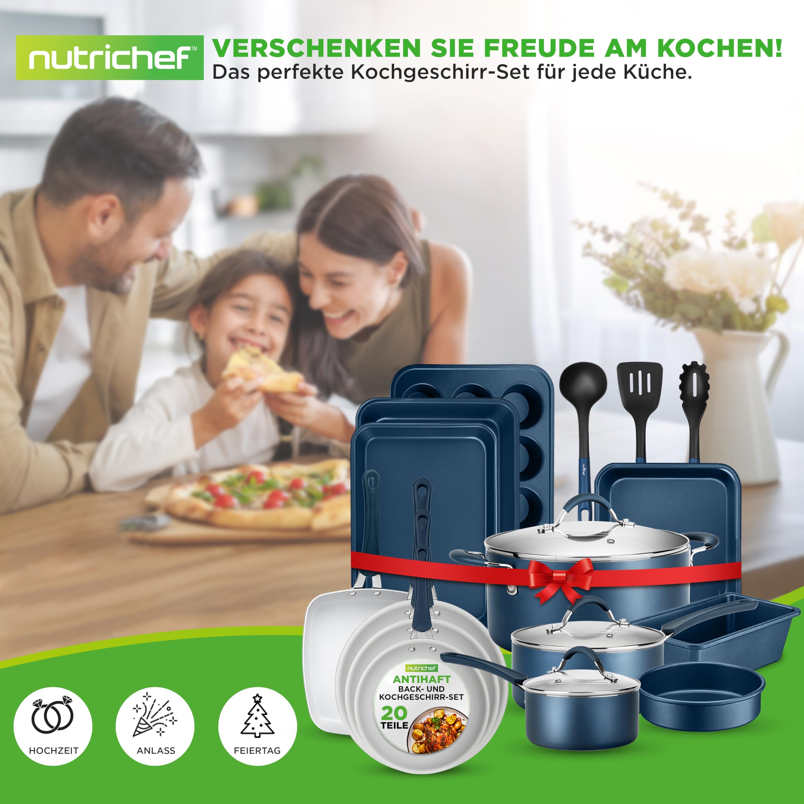 20-teiliges Non-Stick-Saucepan, Pfannen- und Backformset - Kochset PFOA/PFOS frei für Gas, Strom, Keramik und Induktion - Enthält Pfannen, Töpfe, Backdosen, Laibdose, Muffinform