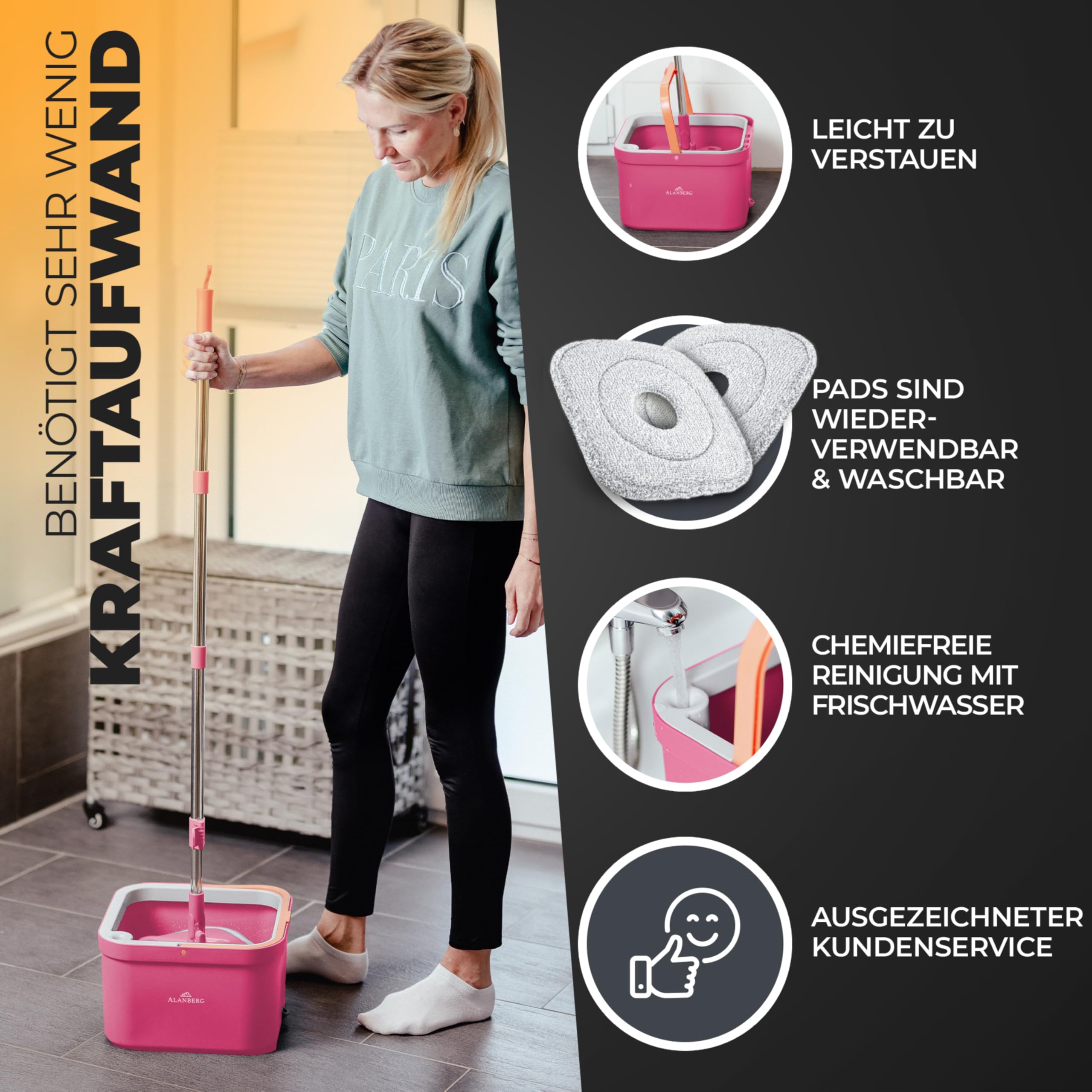 Wischmopp Set mit Eimer, 2-Kammer-System Frisch-/Schmutzwasser Trennung, selbst-auswringend, 160 cm Stiel & 2 Mikrofaser-Pads, für alle Böden, Grau