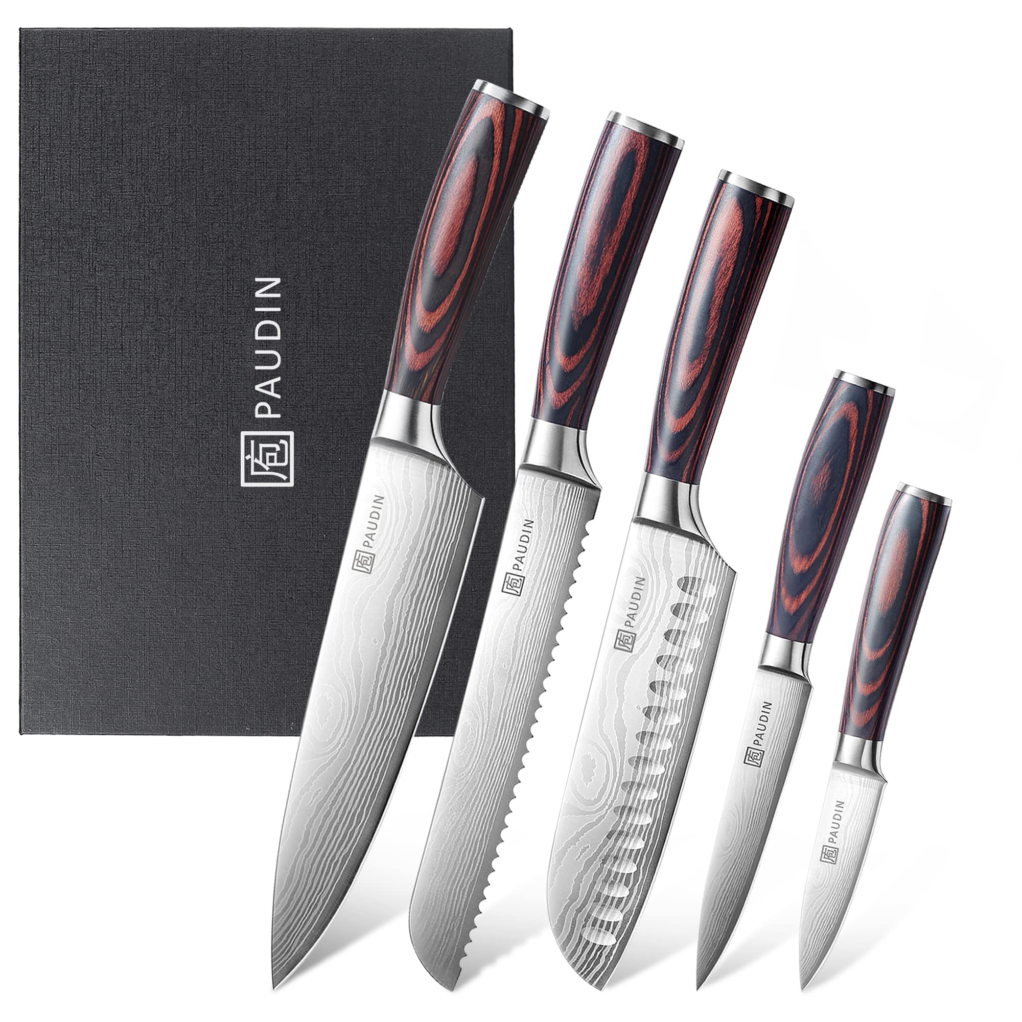 Küchenmesser-Set, 5-teiliges Küchenmesser-Set aus hochwertigem Kohlenstoff-Edelstahl, Ultra Sharp Messer-Set mit Kochmesser, Hackmesser, Nutzmesser