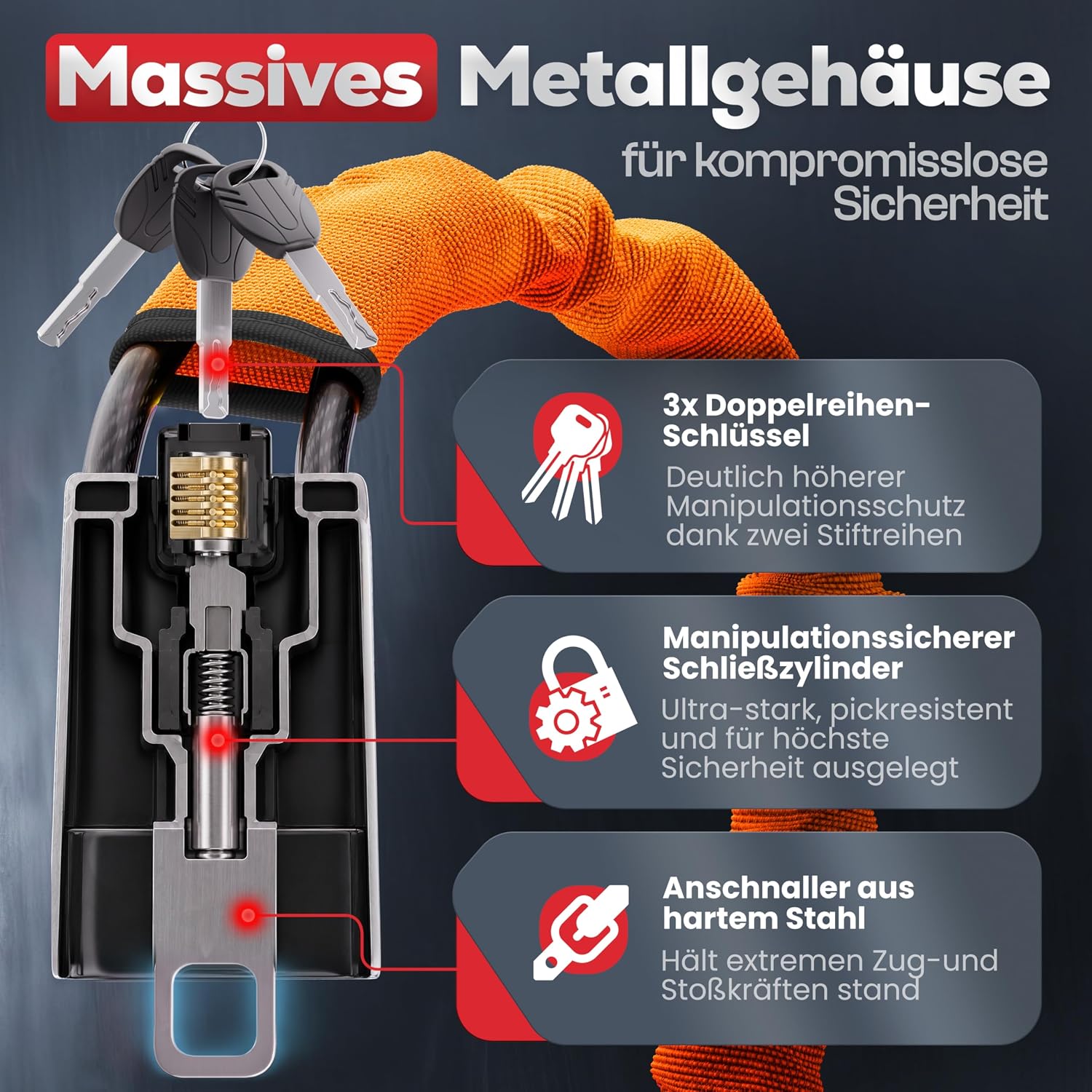 Lenkradkralle für Auto & Wohnmobil aus Metall - Universelle Passform - Lenkradschloss mit dickem Stahlseil - Wegfahrsperre Diebstahlsicherung mit 3 Sicherheitsschlüsseln