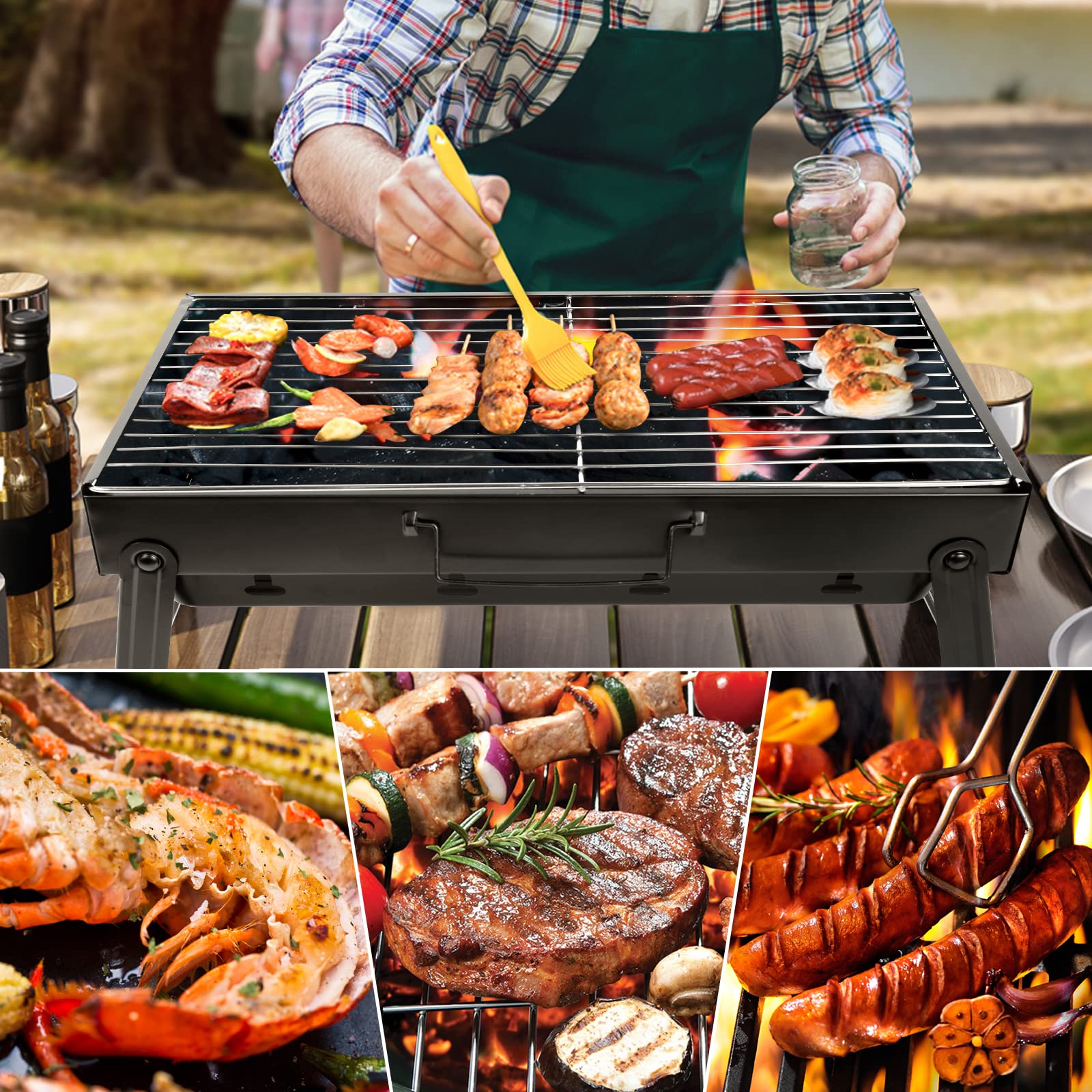 Holzkohlegrill Picknickgrill Edelstahl Kleiner Grill Portabler Campinggrill Abnehmbare BBQ Grills für Outdoor Garten Party
