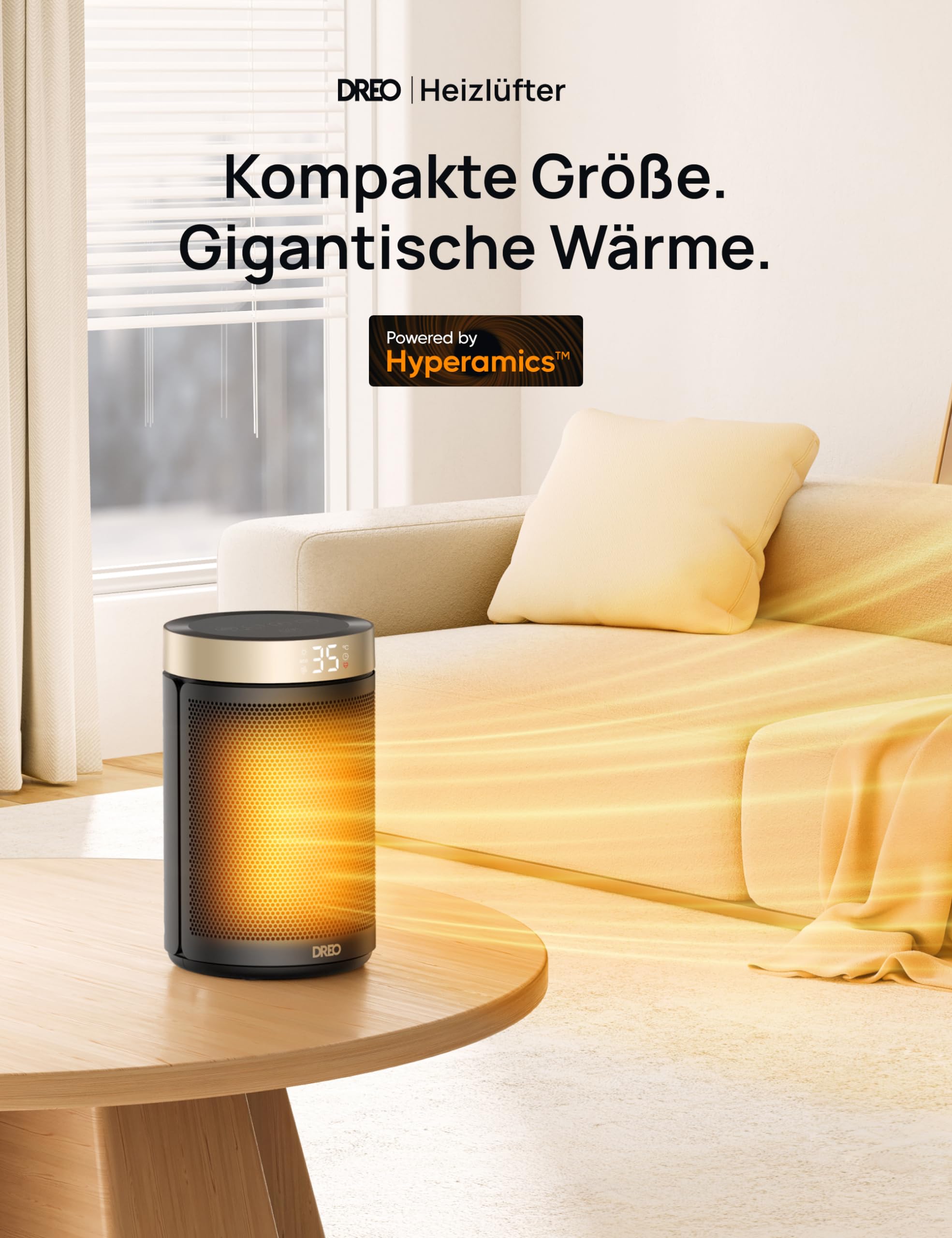 Energiesparender Heizlüfter, 34 dB Leiser 1500W Elektrischer PTC Keramik, Thermostat, Überhitzungs- & Kippschutz, 12 Std. Timer, Elektroheizung für Räume Schlafzimmer, Heater 316, Gold