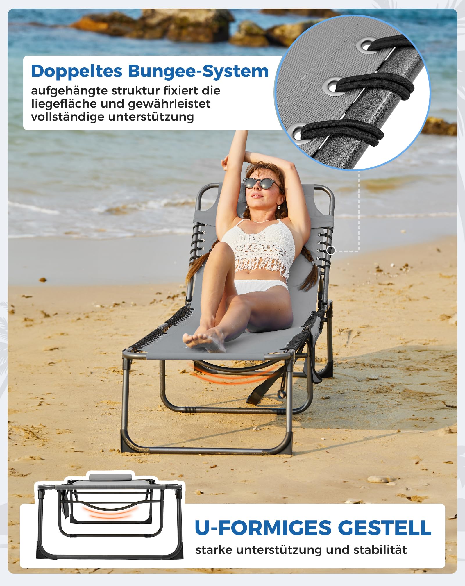 Sonnenliege Klappbar 5-Verstellbare, bis 180 kg, 2er Set, Blau | Gartenliege Klappbar, mit Kopfstütze & Seitentasche, Sonnenliege Wetterfest, Strandliege für Garten Terrasse Pool Camping