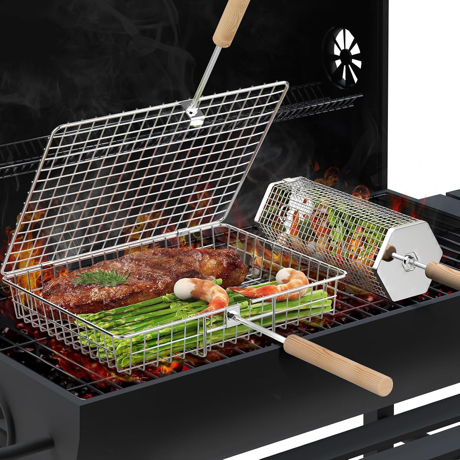 Rollender Grillkorb, Abnehmbarer Holzgriff, Edelstahl 304, Outdoor Küche Grill Zubehör für Gemüse, Garten Camping Gadgets für Gasgrill, Geschenke Geburtstagsgeschenk für Männer