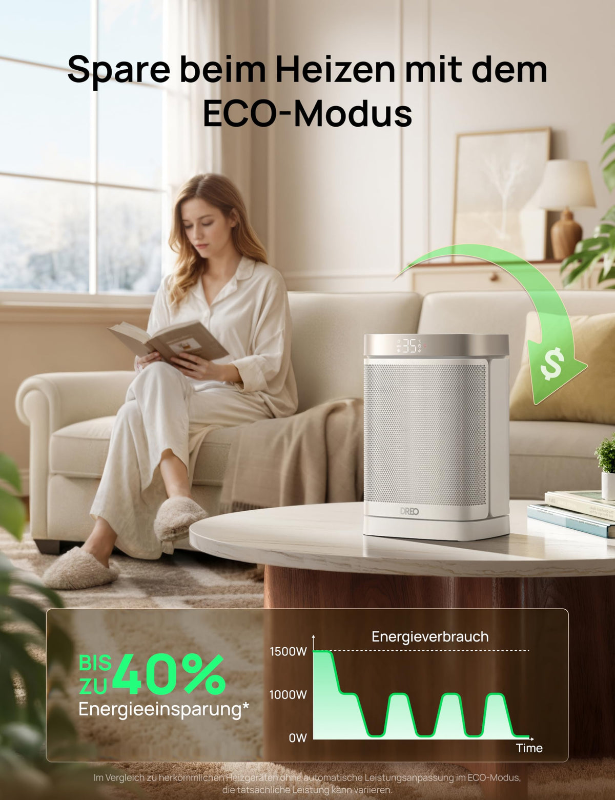Heizlüfter Energiesparend Klein, 1500W Heizung Elektrisch mit Thermostat, 70° Oszillierend Elektroheizung, PTC Keramik Heizlüfter Leise, ECO-Modus, 12-Std-Timer, Überhitzungs- & Kippschutz