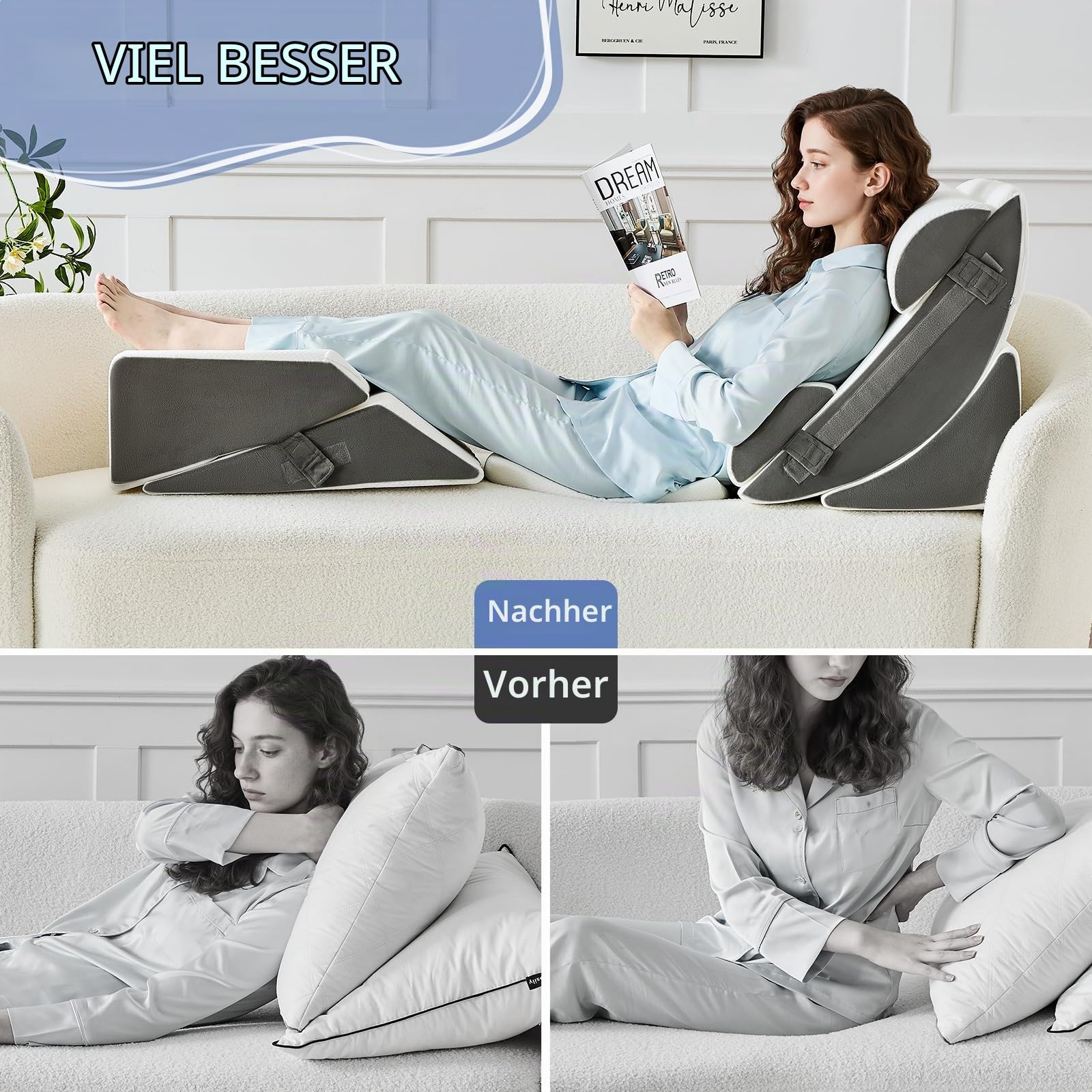 9PCS Orthopädische Bett Keil Kissen Set,Post Chirurgie Schaum Kissen für Körper, Rücken und Beine Schmerzlinderung,Justierbare Stützkissen mit Säure Reflux Bed Wedge Memory Foam Durchgehend dunkelgrau