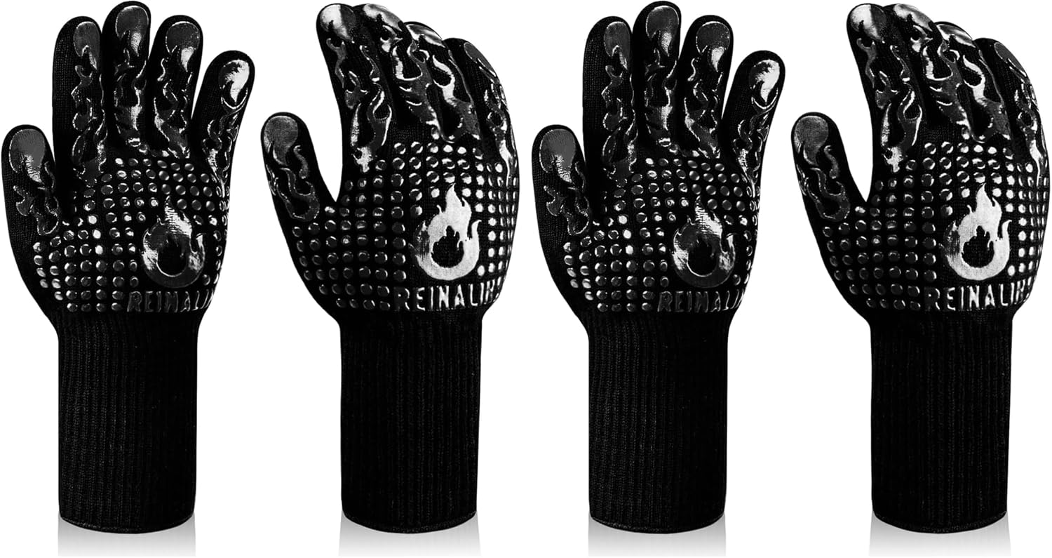 Gants de cuisine Reinalin, résistants à la chaleur jusqu'à 800 °C, gants de four, maniques, gants ignifugés, gants de barbecue, gants de cuisine, gants de pâtisserie (L/XL/XXL, noir) 