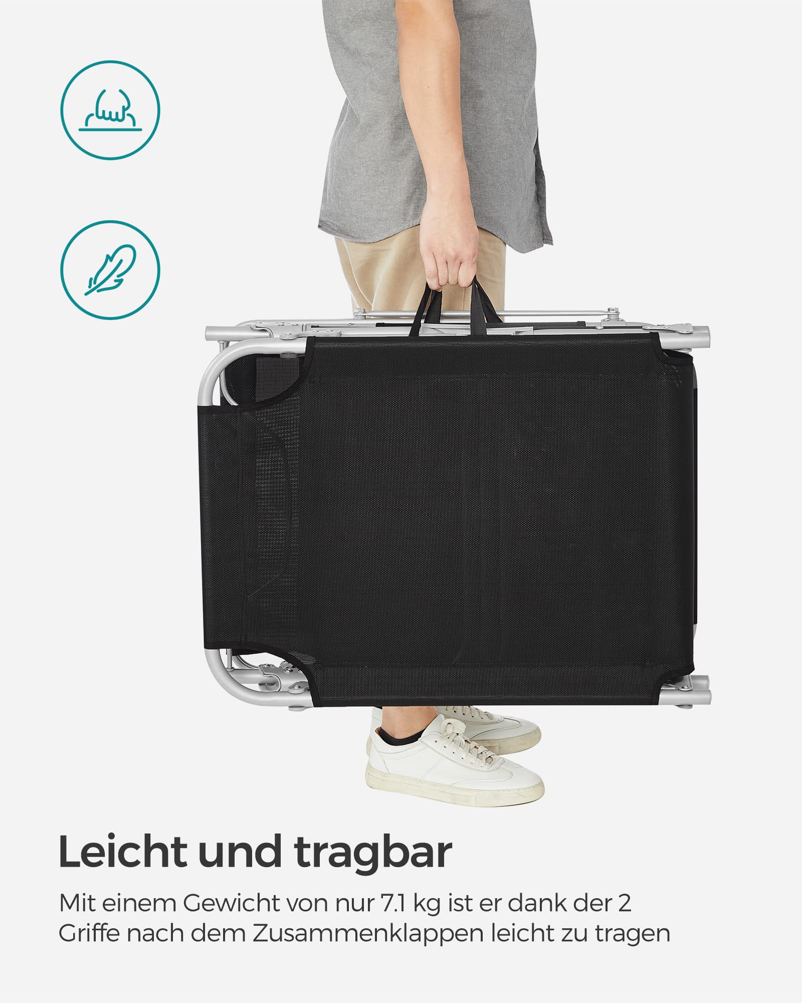 Sonnenliege, klappbarer Liegestuhl, 193 x 53 x 29 cm, trägt bis zu 150 kg, Sonnenschutz, Kopfkissen, verstellbare Rückenlehne, für Garten, Pool, Terrasse