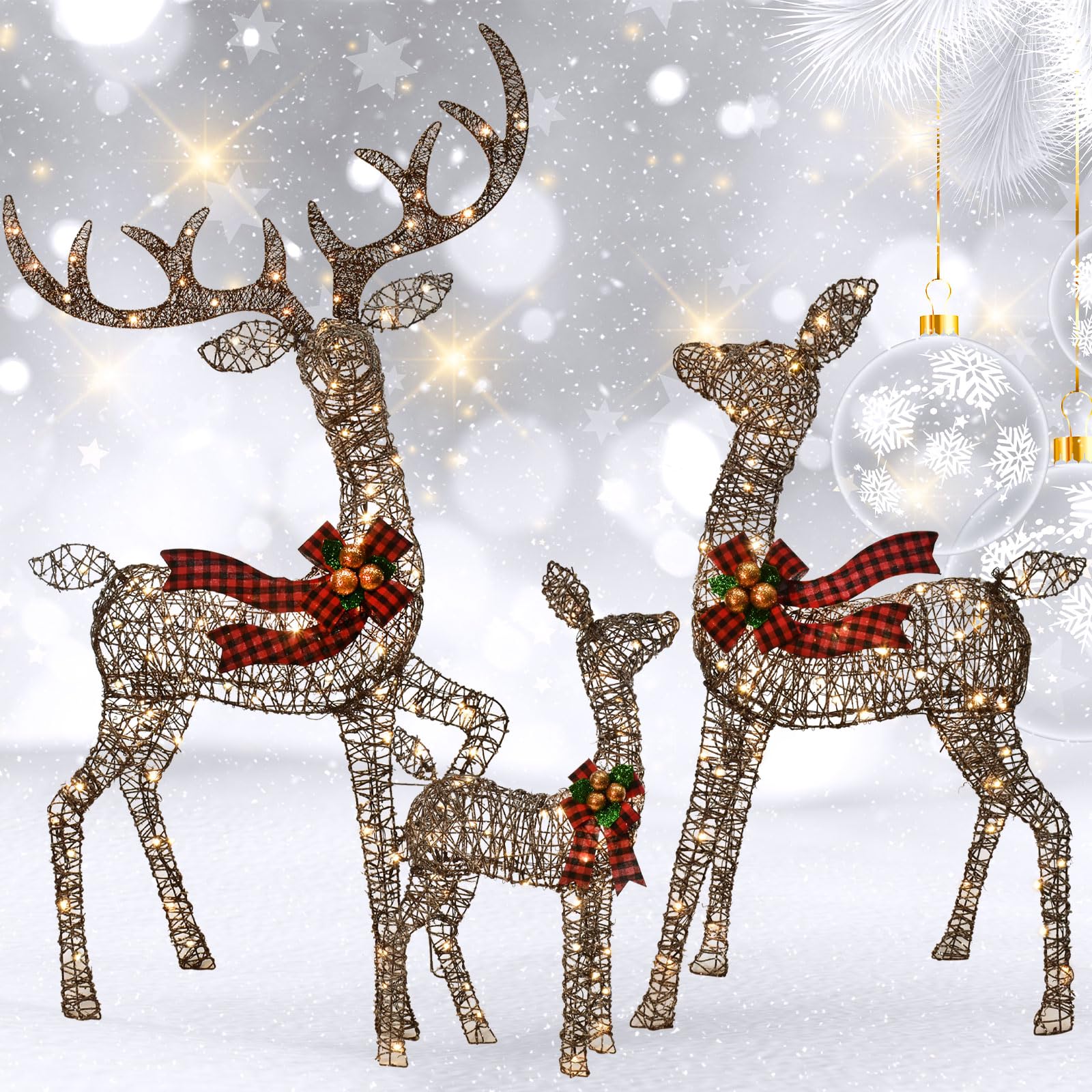Beleuchtete Weihnachtsdekoration Deer 3 Stücke, Beleuchtete Weihnachtsdekoration Reindeer Familienset für Indoor Outdoor Vorderveranda mit LED, Stecker, Verlängerungskabel, Bodenpfähle, Gold